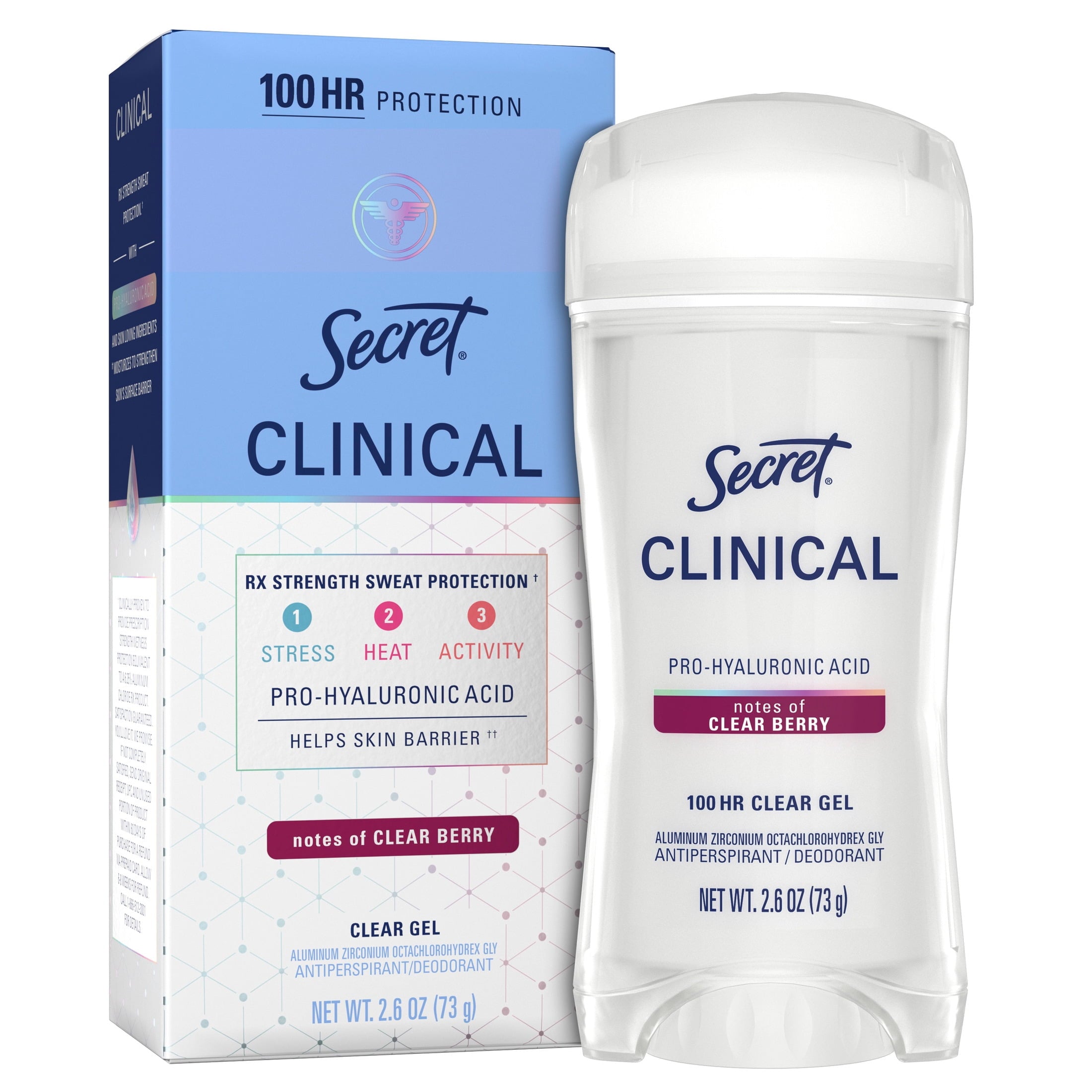 Clinical Antiperspirant Deodorant for Women, 100HR Sweat &amp; Odor Protection, Pro-Hyaluronic Acid, Clear Gel, Clean Berry, 2.6 oz