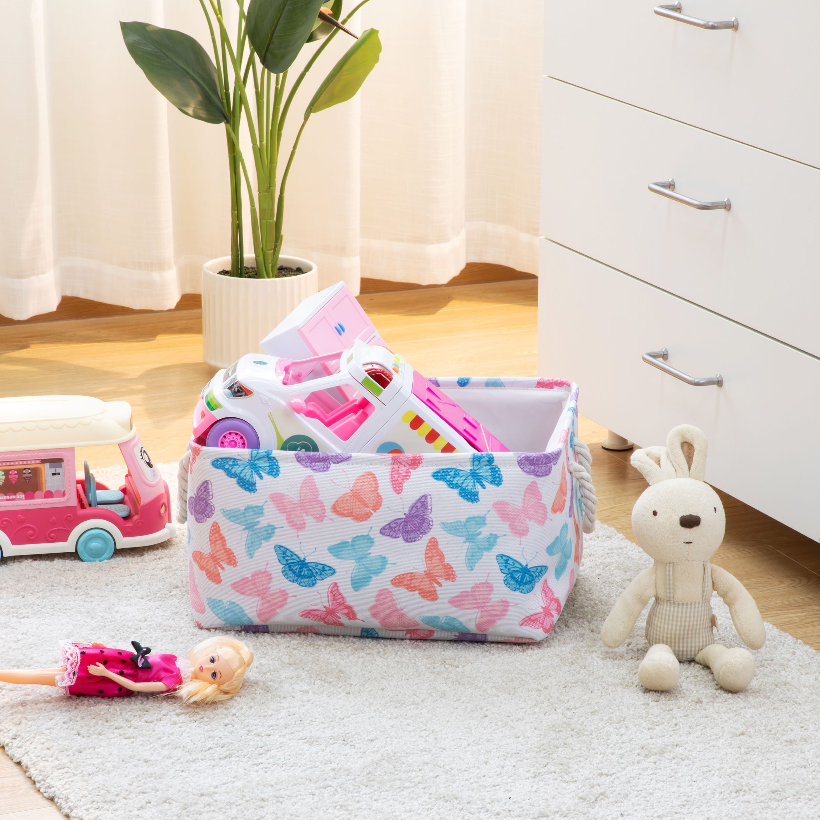 Kids Butterfly Canvas Storage Basket with Handles, 15 in x 11 in x 7.8 in