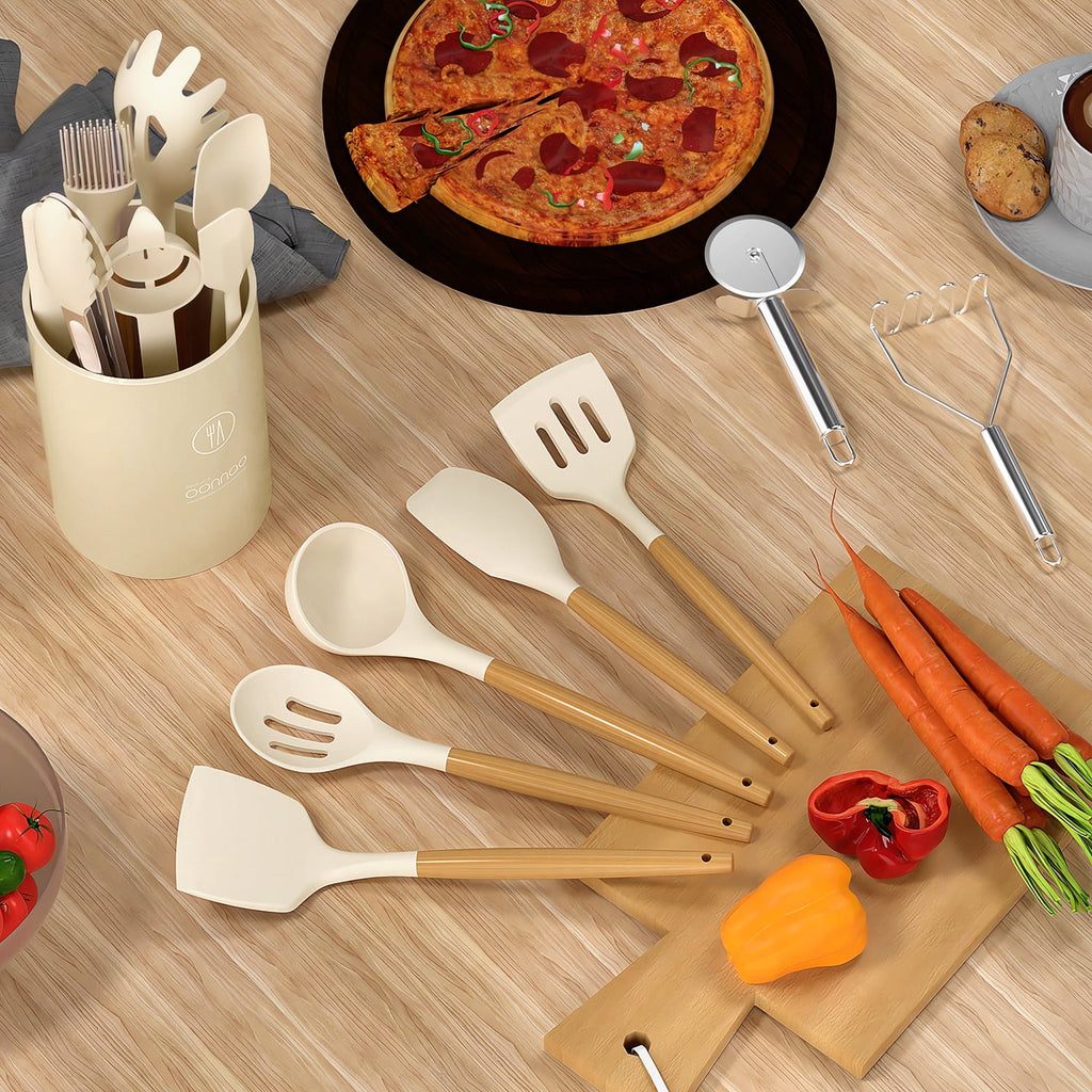 Kitchen Cooking Utensils Set, 33 pcs Non-stick Silicone Cooking Kitchen Utensils Spatula Set with Holder, Wooden Handle Silicone Kitchen Gadgets Utensil Set (Cream White)