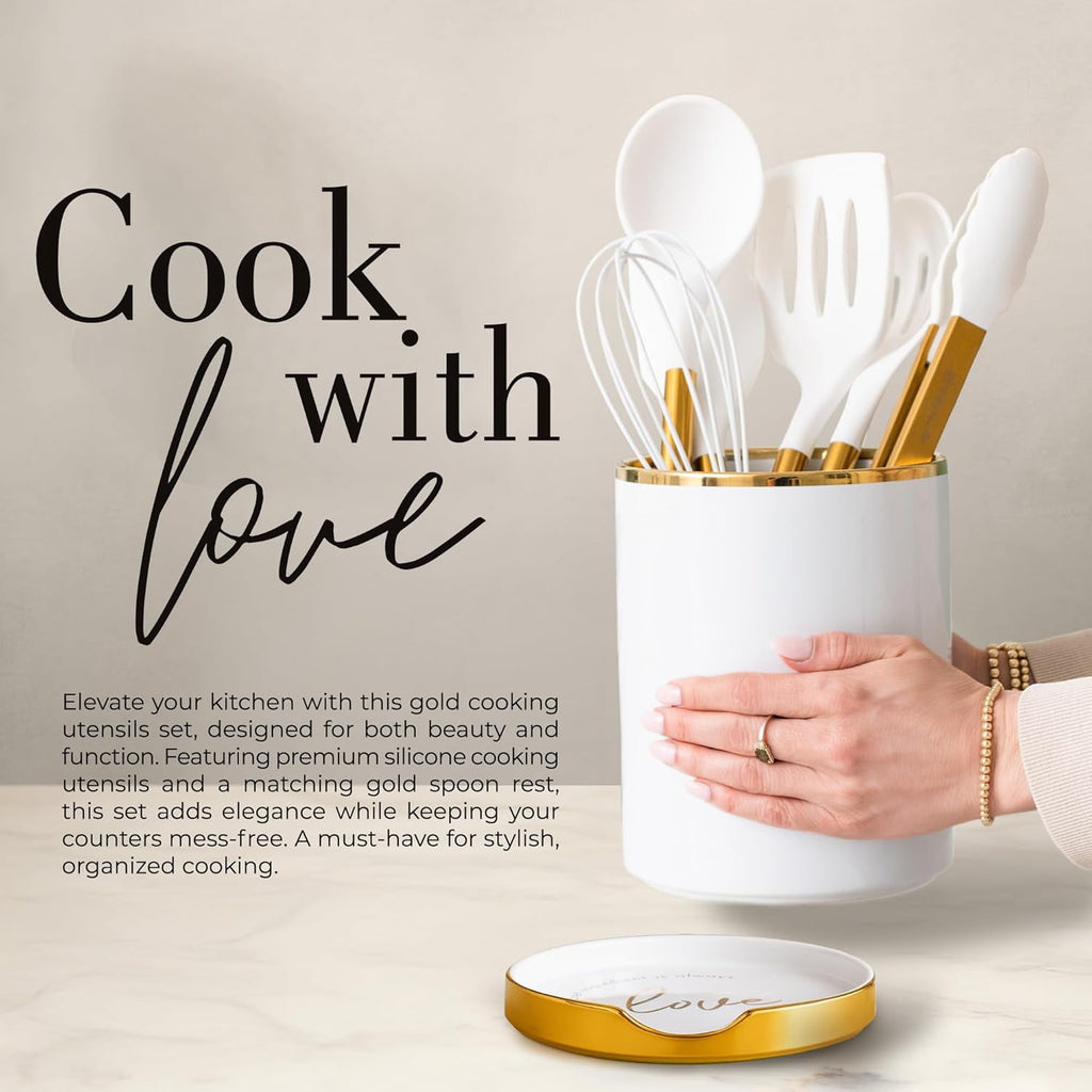 White Silicone and Gold Cooking Utensils Set