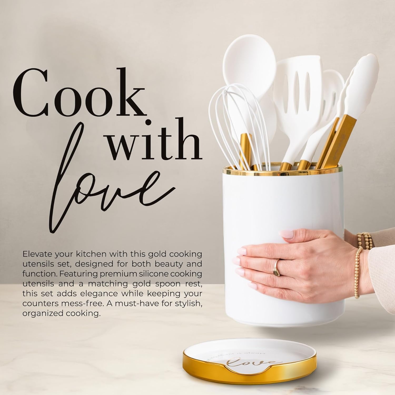 White Silicone and Gold Cooking Utensils Set