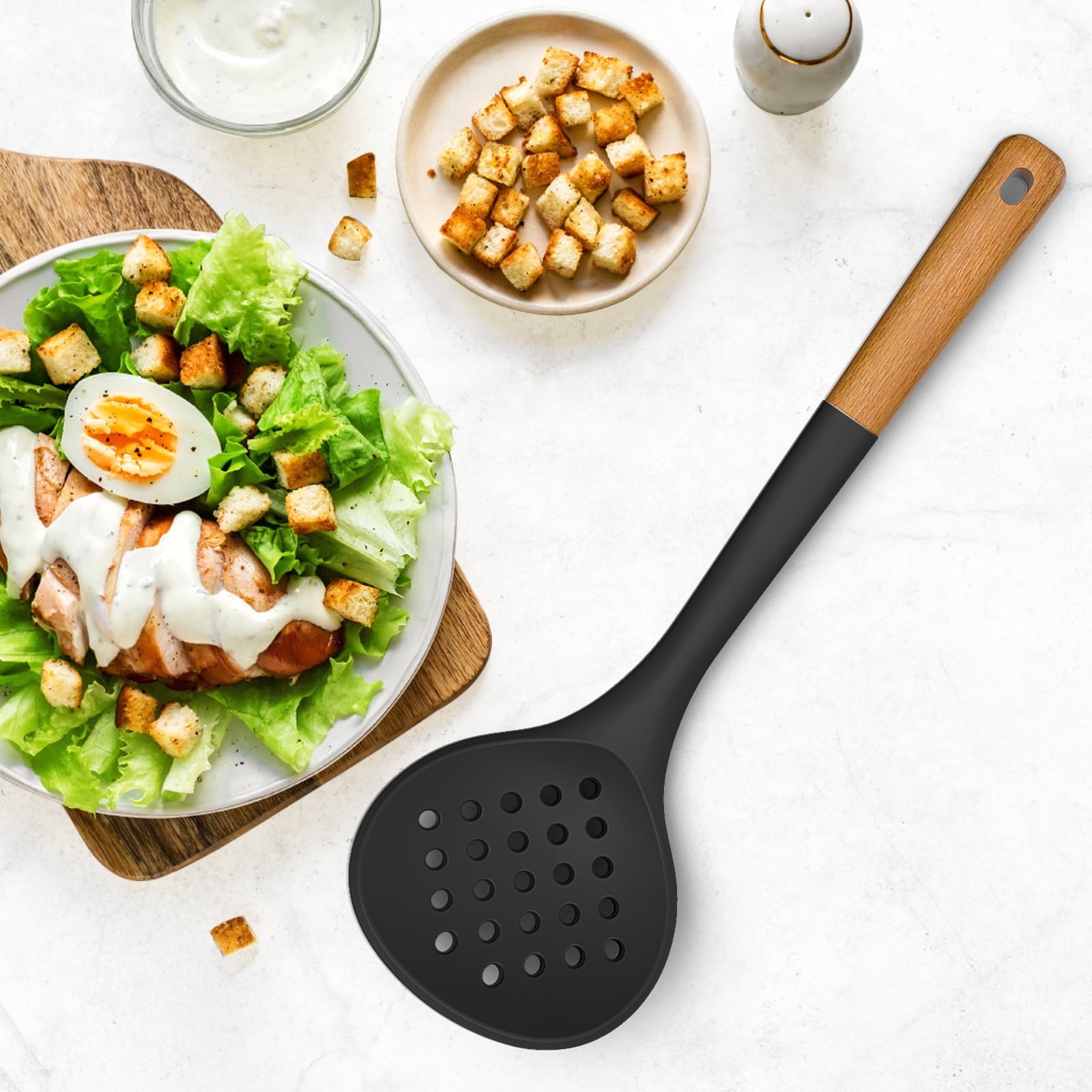 Large Silicone Cooking Utensils - Kitchen Utensil Set with Wooden Handles, Spatula,Turner, Slotted Spoon, Pasta server, Kitchen Gadgets Tools Sets for Non-Stick Cookware (Khaki)