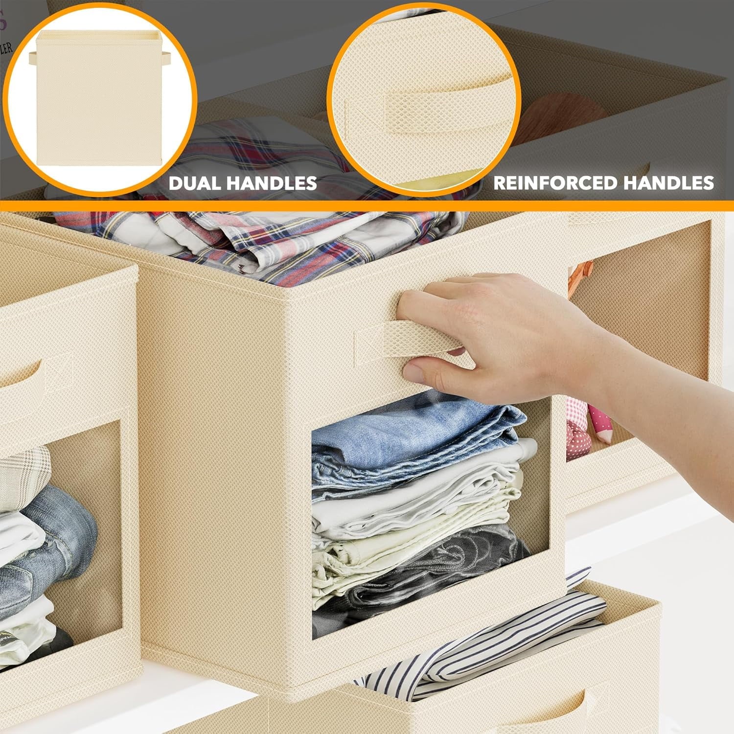 Storage Cubes with Clear Windows, Set of 6 Fabric Bins, 11 Inch, Black