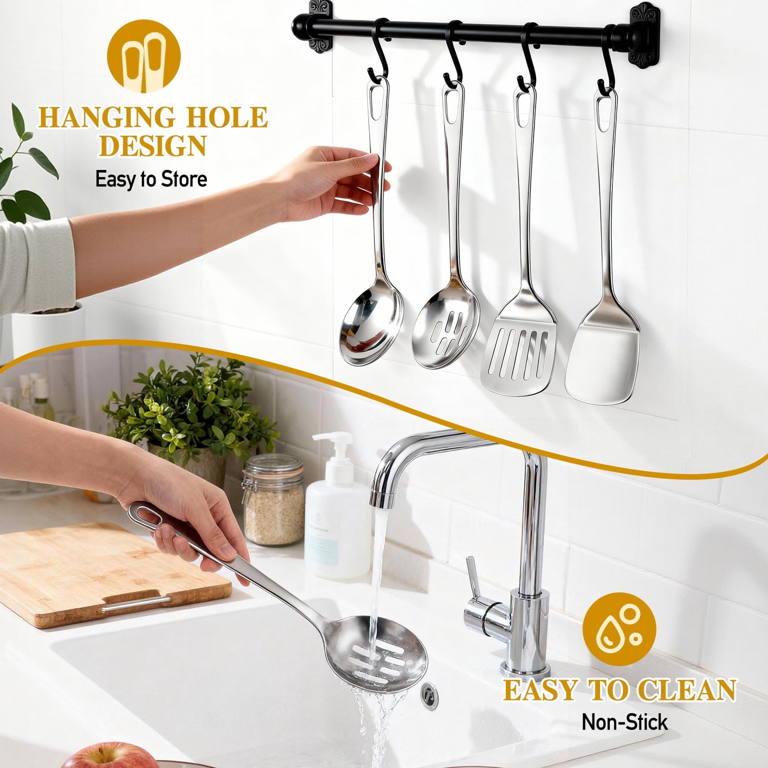 4 Pcs Cooking Utensils Set, Stainless Steel Kitchen Utensils, Kitchen Tools Set Include Solid &amp; Slotted Turner Wok Spatula, Serving Spoon, Home Essentials Kitchen Gadgets Accessories