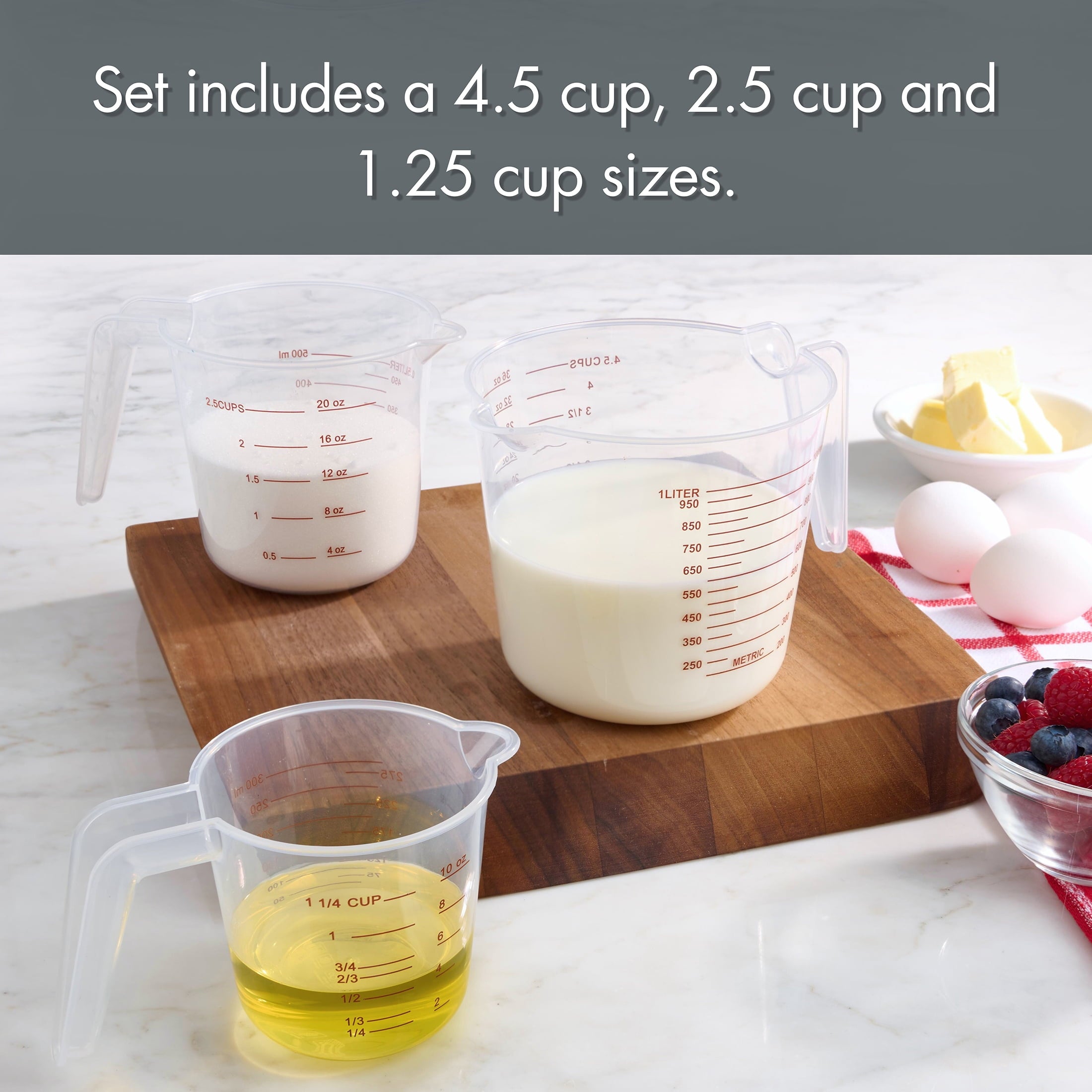 3-Piece Tapered Spout Nesting Plastic Measuring Cups Set, Clear