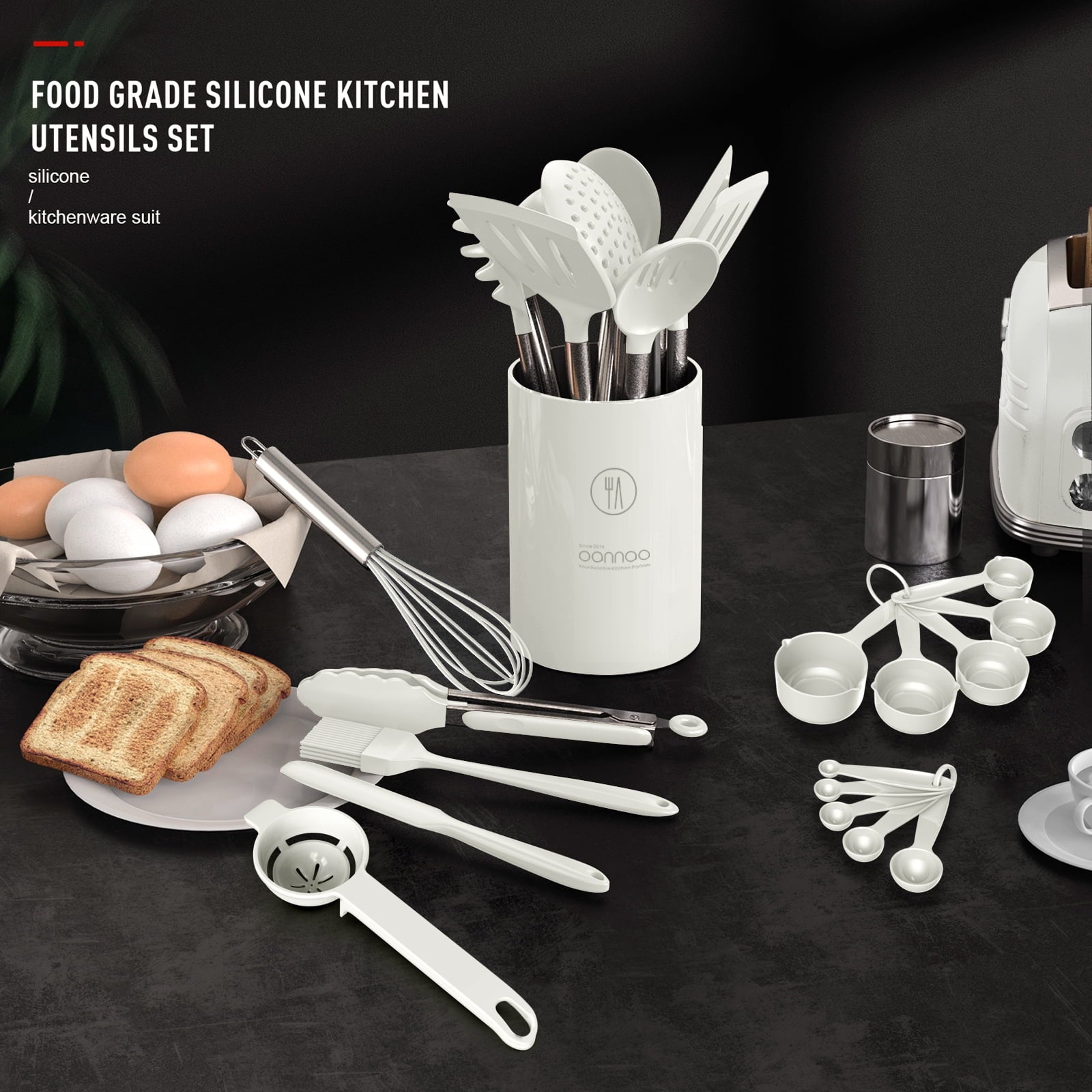 Large Silicone Cooking Utensils Set - Kitchen Utensils,Turner Tongs,Spatula,Spoon,Brush,Whisk,Stainless Steel Silicone Cooking Tool for Nonstick Cookware, (Khaki)