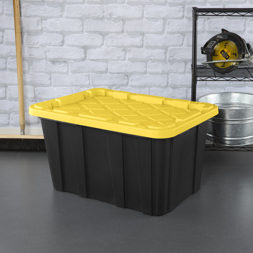 Large Storage Bin, 27 Gallon Plastic Storage Tote with Snap-On Lid, Black and Yellow, 6 Pack