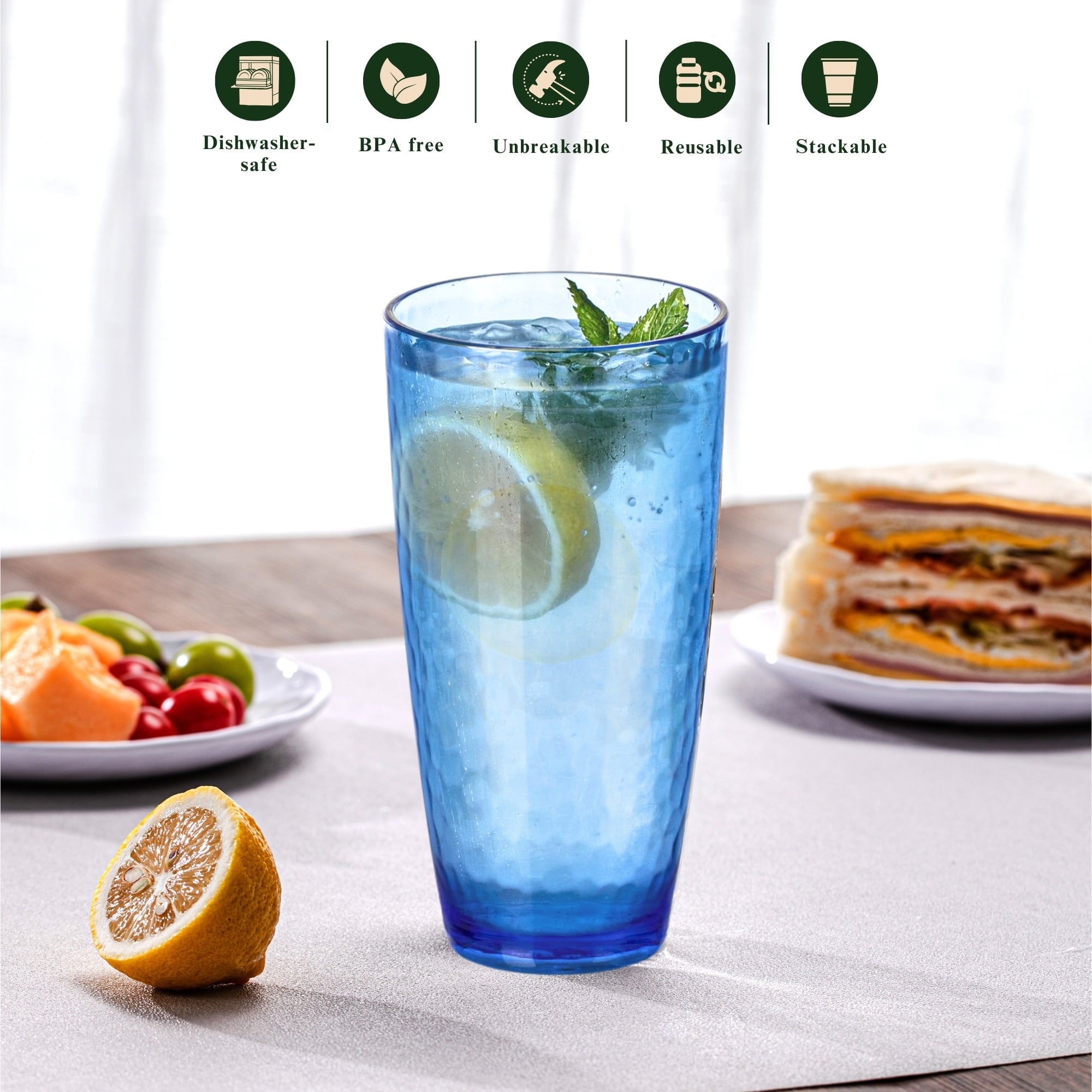 20oz Colorful Acrylic Glasses Drinkware (Set of 6), Hammered Shatter-Proof Plastic Tumblers