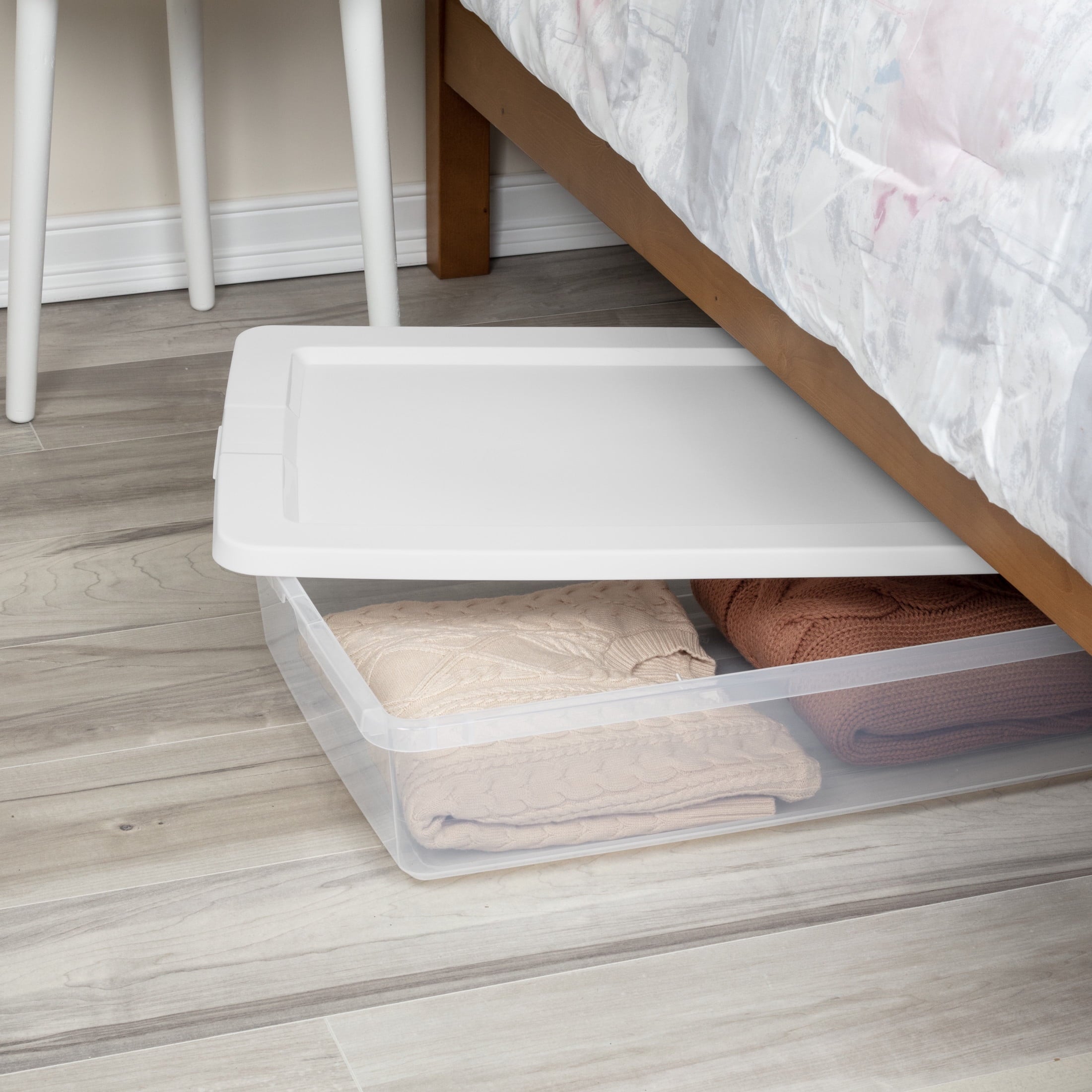 41 Quart Medium Storage Bin, Clear Plastic Underbed Storage Container with Snap-On Lid, White