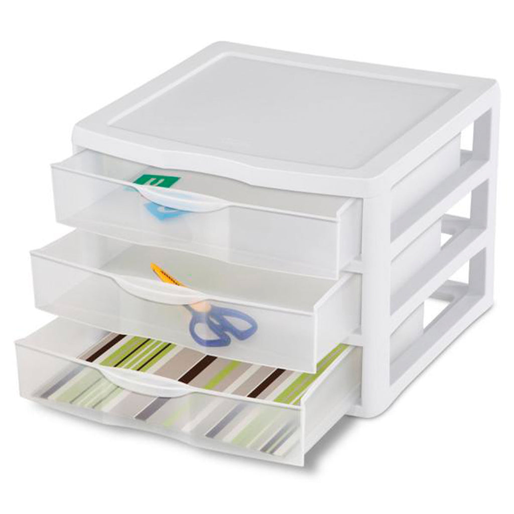 Wide 3 Drawer Unit, Clear Plastic Countertop or Desktop Drawers, White