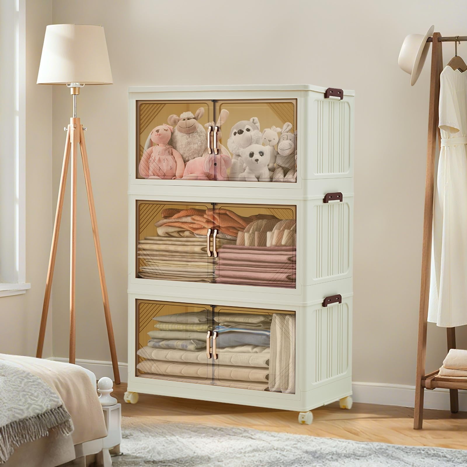 3 Tier Plastic Storage Bins with Lid 48QT, Storage Containers with Wheels, Folding Storage Boxes, with Magnetic Doors for Home,Office, Dorm Room