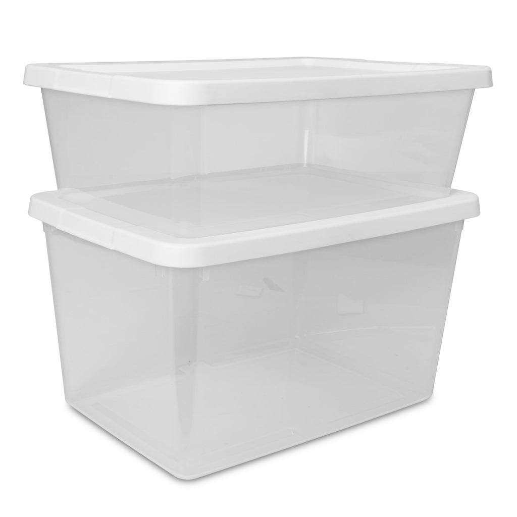 Set of (4) 12 Quart Storage Bins, Clear Plastic Storage Bin with Snap-on Lid, White