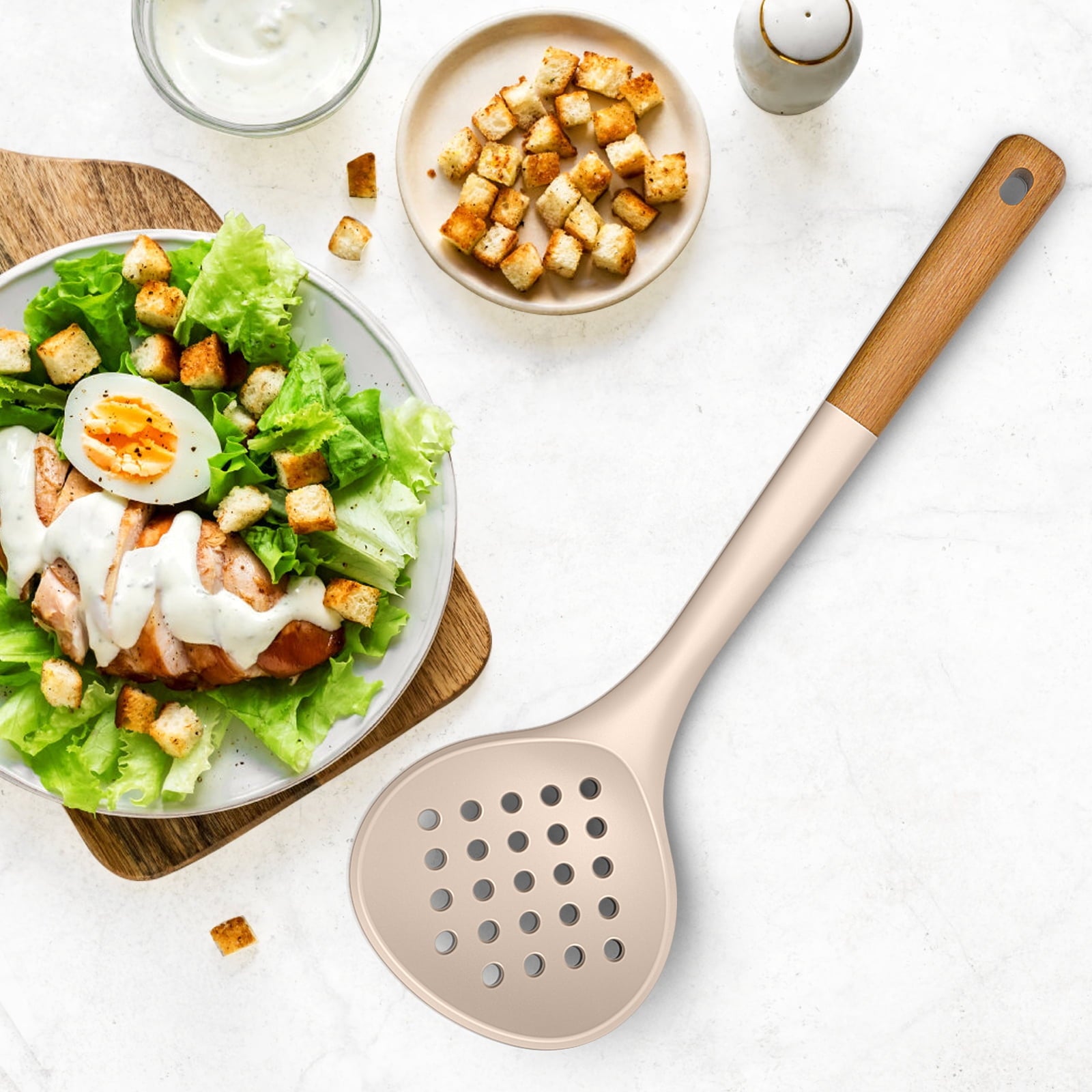 Large Silicone Cooking Utensils - Kitchen Utensil Set with Wooden Handles, Spatula,Turner, Slotted Spoon, Pasta server, Kitchen Gadgets Tools Sets for Non-Stick Cookware (Khaki)