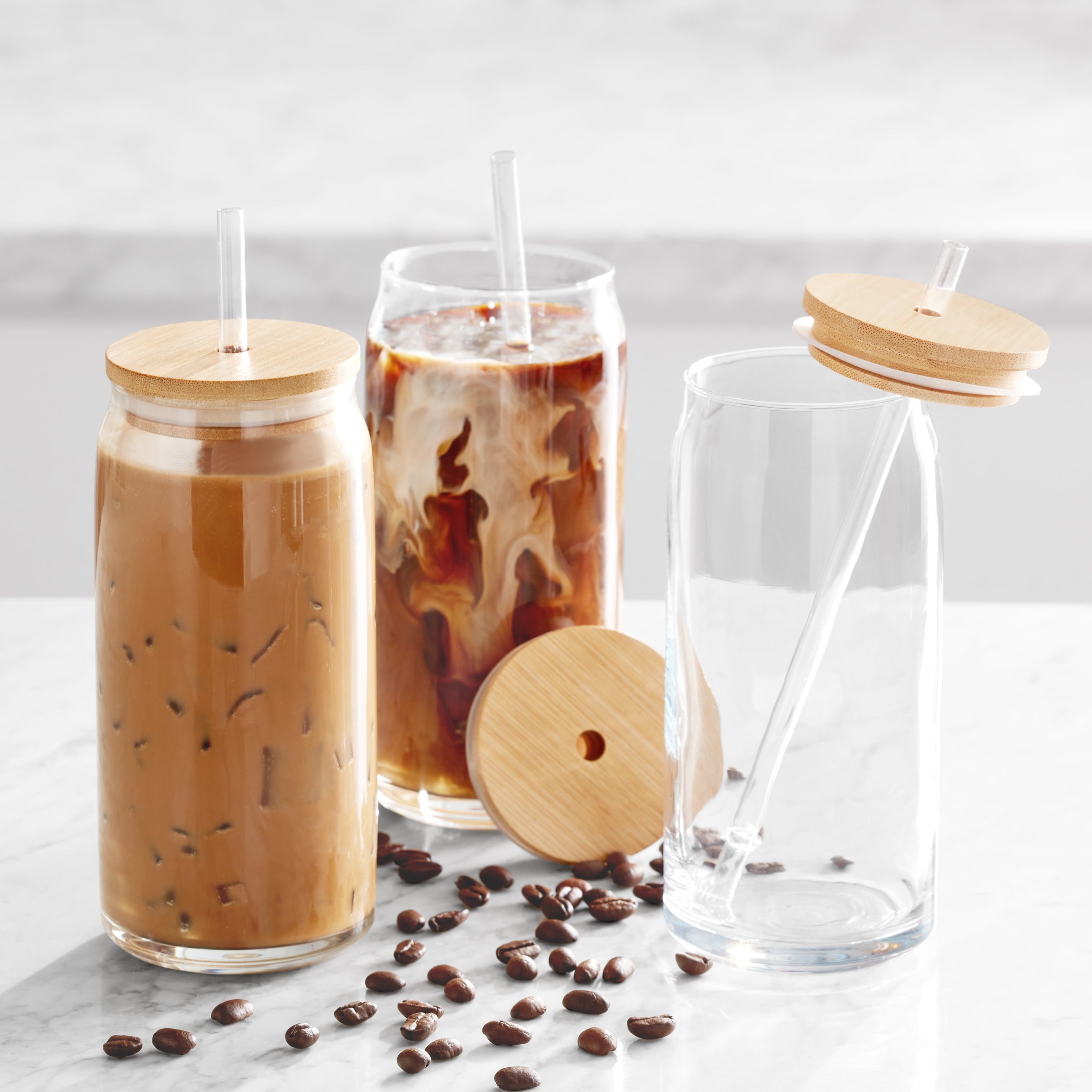 Briar Can Glass Drinkware with Lids &amp; Straws, Set of 4