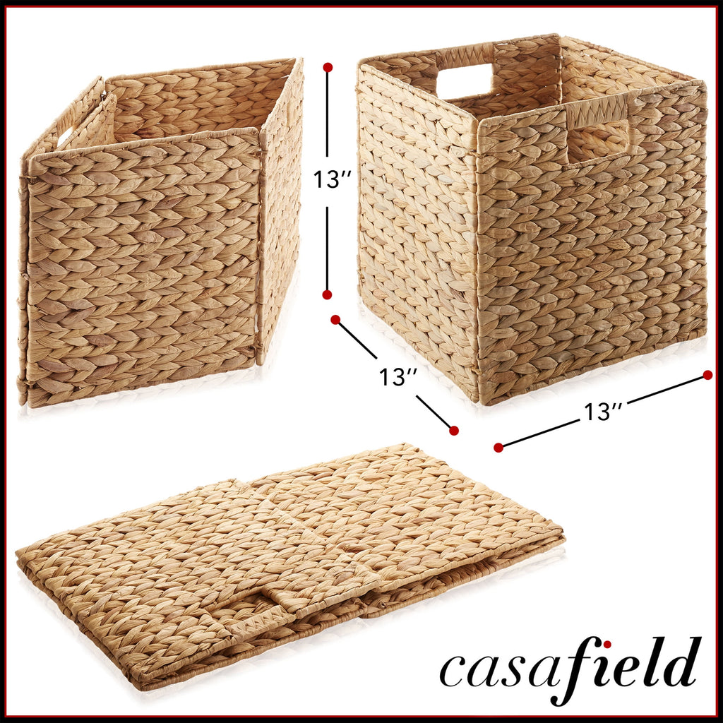 13" x 13" Water Hyacinth Storage Baskets, Natural - Set of 2 Collapsible Cube Organizers, Woven Bins for Bathroom, Bedroom, Laundry, Pantry, Shelves