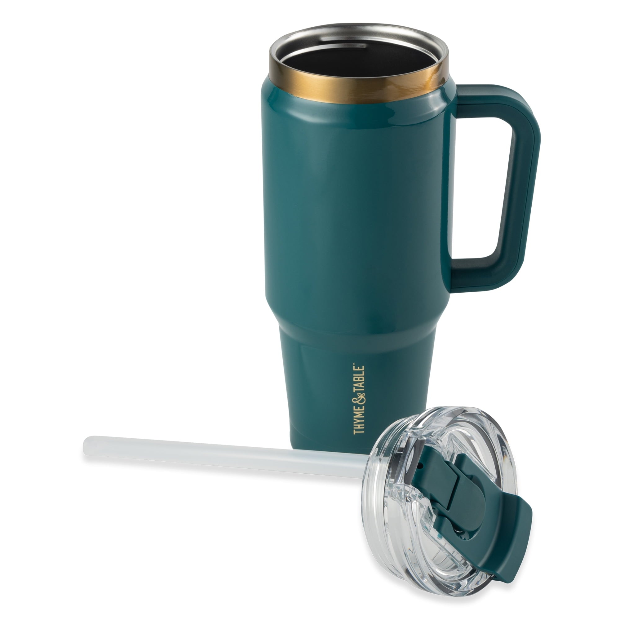 Thyme &amp; Table 32 fl oz Stainless Steel Luna Tumbler with Handle and Dual Straw Lid, Cream &amp; Black Check