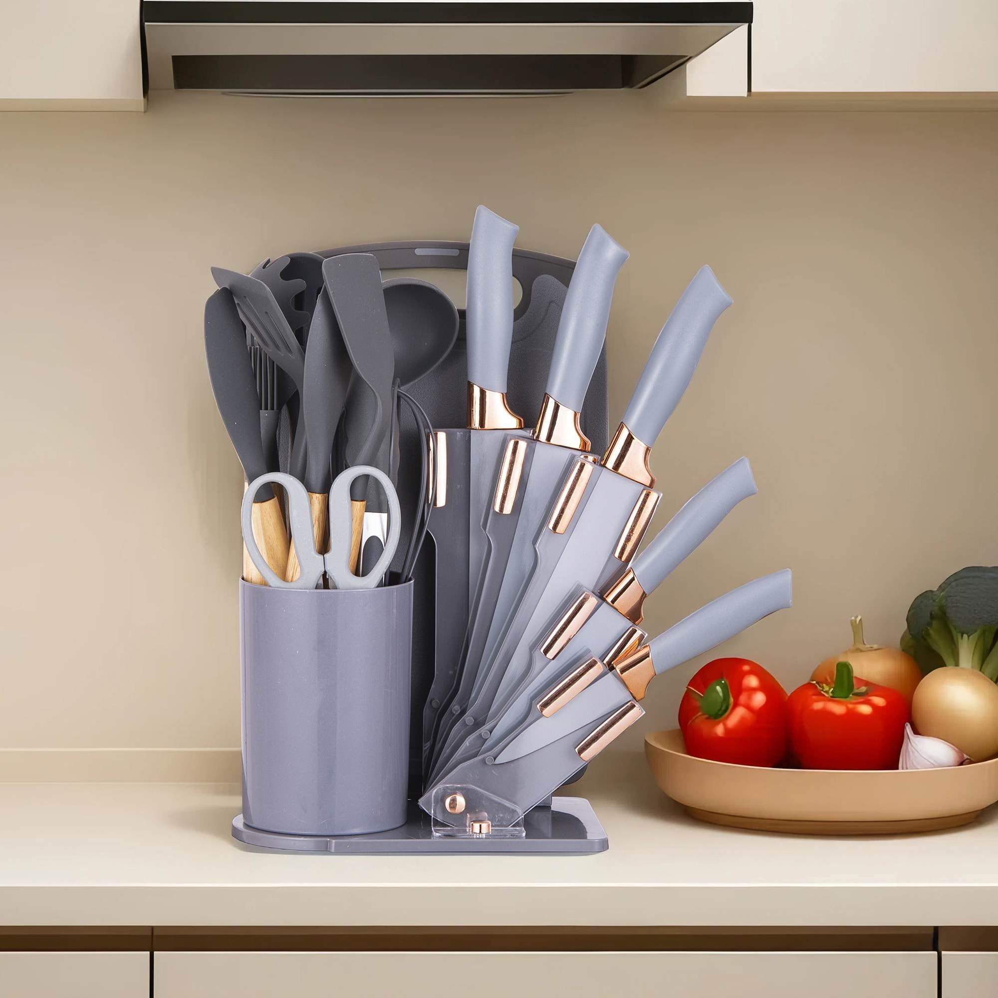 19-Piece Silicone Kitchen Utensil &amp; Knife Set - Heat-Resistant Cooking Tools Non-Stick Safe Gift for Mom or Women Black