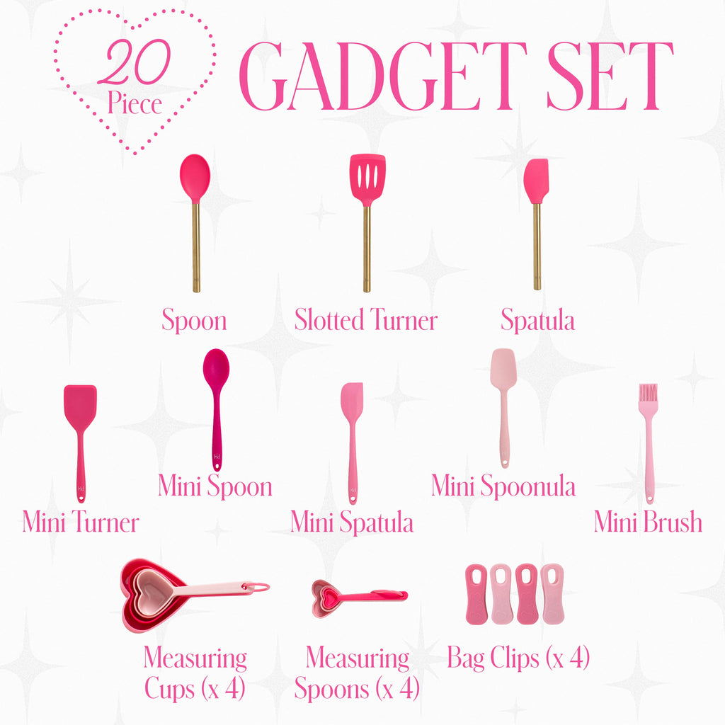 20-Piece Kitchen Gadget Set, Heart-Shaped Measuring Cups &amp; Spoons, Silicone Tools &amp; Bag Clips, , Pink