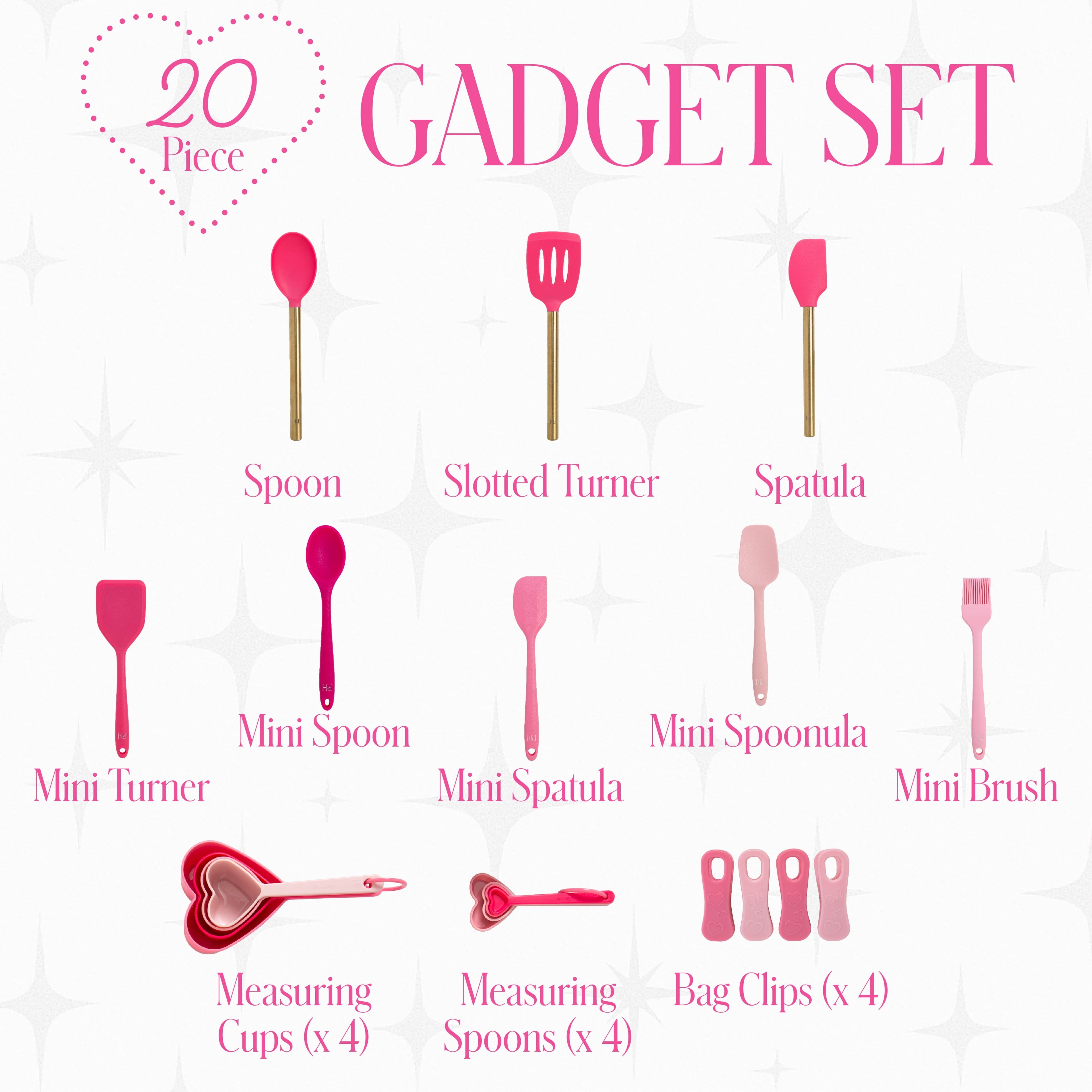 20-Piece Kitchen Gadget Set, Heart-Shaped Measuring Cups &amp; Spoons, Silicone Tools &amp; Bag Clips, , Pink