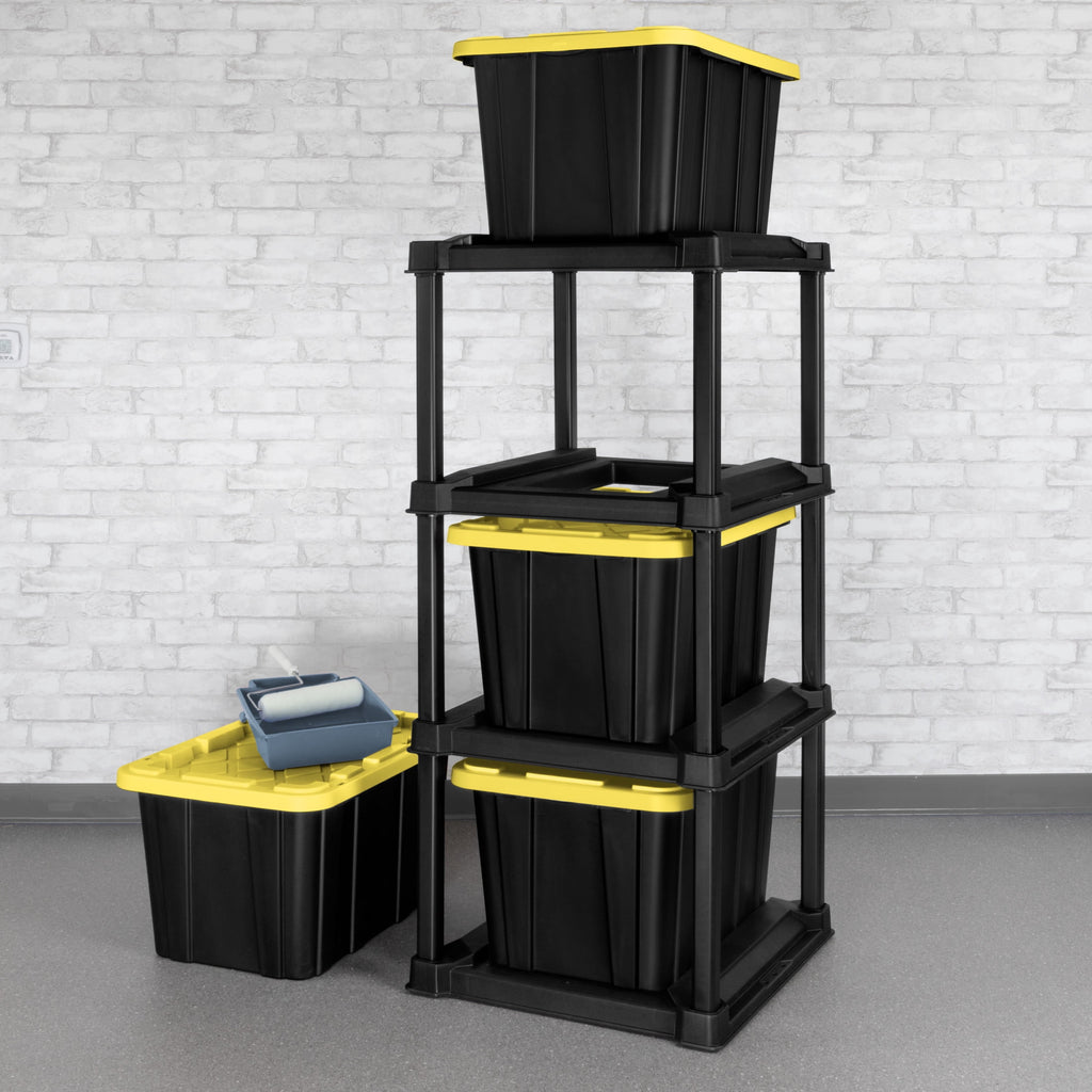 4 Tier Plastic Tote Rack, Holds Four 27 Gallon Industrial Storage Bins, Rugged and , Black