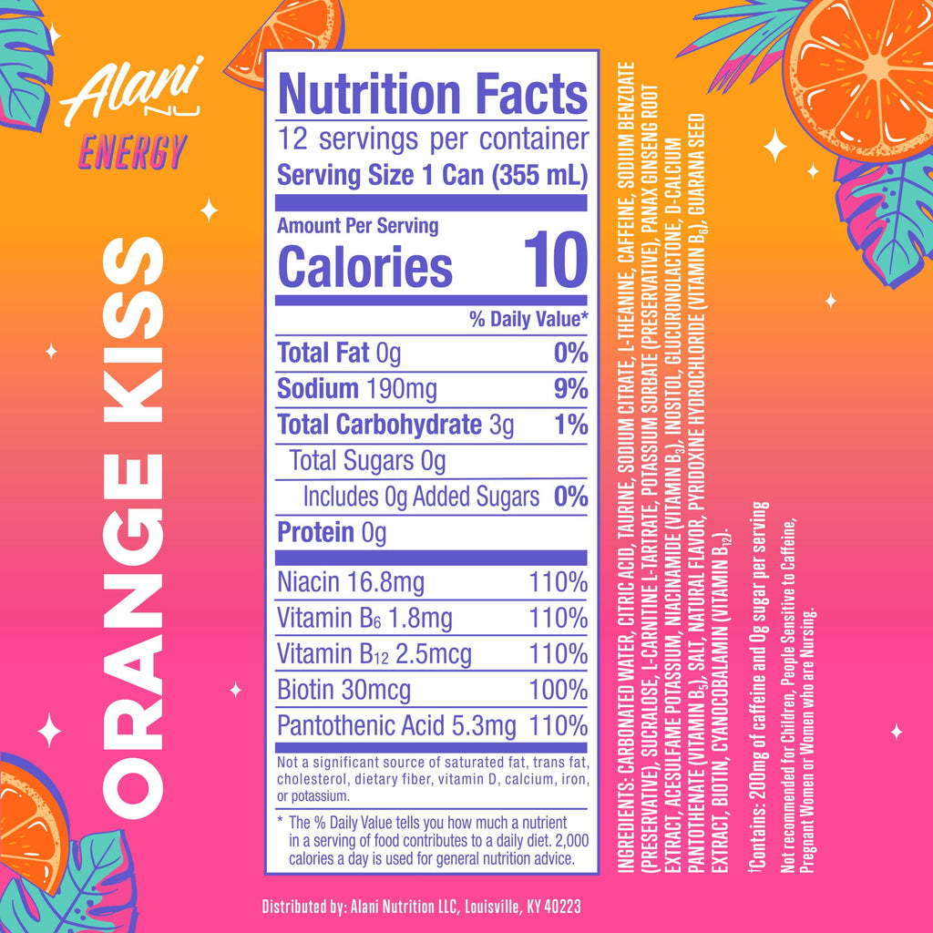 Sugar Free Energy Drink, Orange Kiss, 12 fl oz, 24 Pack, Cans, 200mg Caffeine
