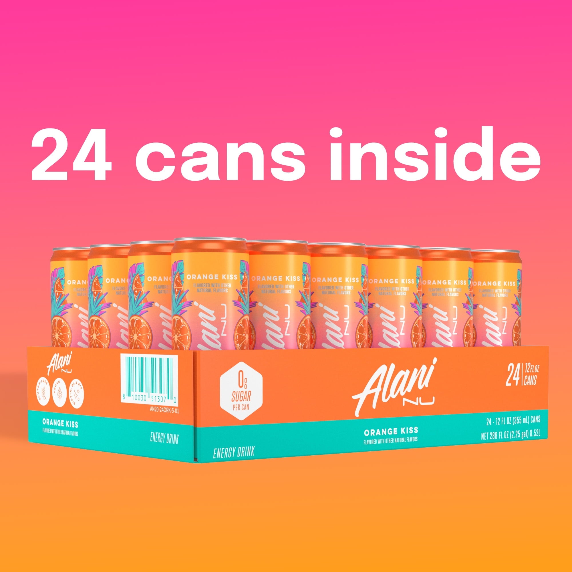 Sugar Free Energy Drink, Orange Kiss, 12 fl oz, 24 Pack, Cans, 200mg Caffeine