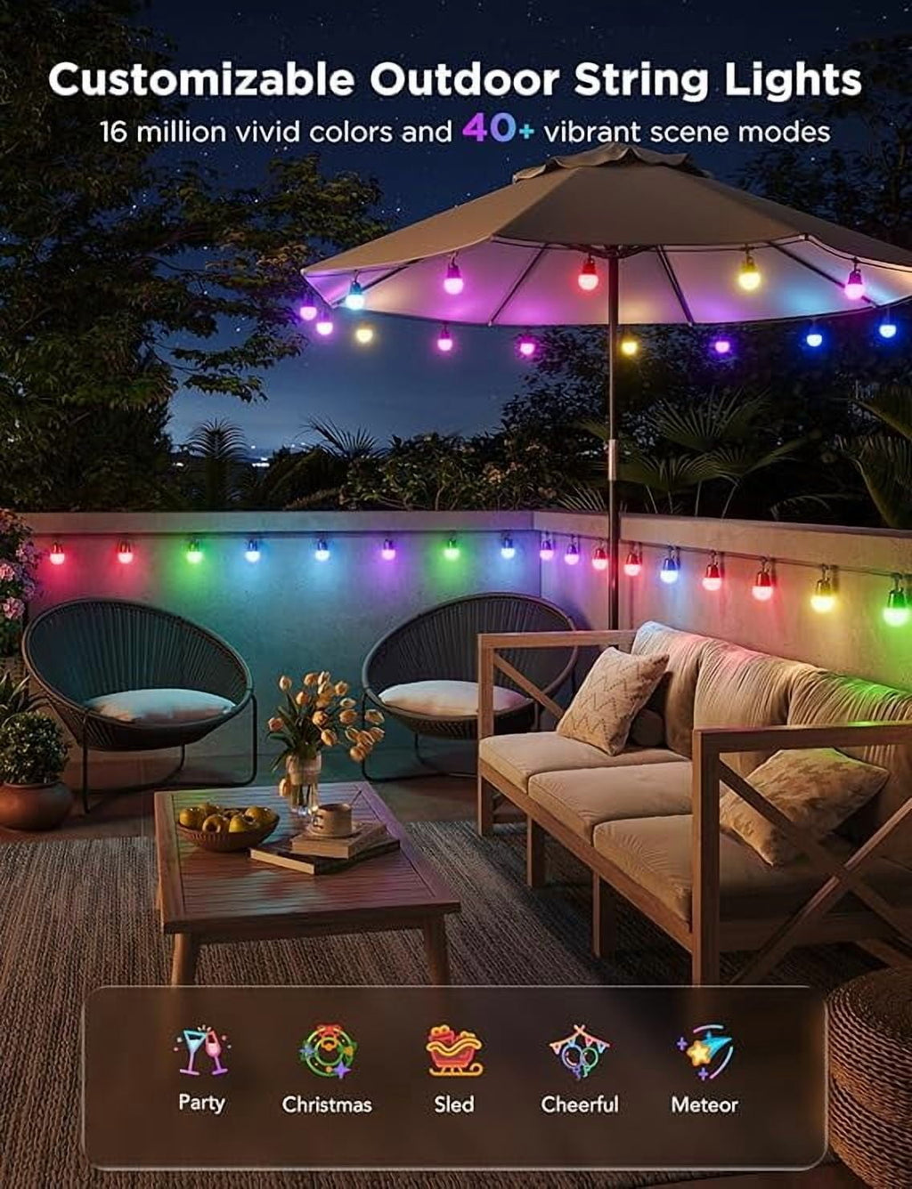 Smart Outdoor String Lights, 48ft, Corded Electric
