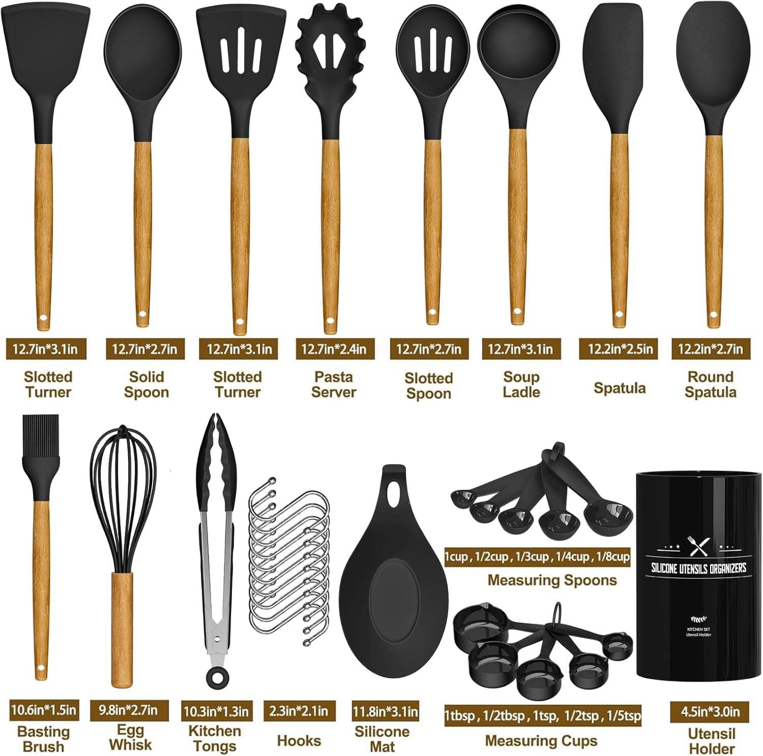 Kitchen Cooking Utensils Set, 33 pcs Non-stick Silicone Cooking Kitchen Utensils Spatula Set with Holder, Wooden Handle Silicone Kitchen Gadgets Utensil Set (Cream White)