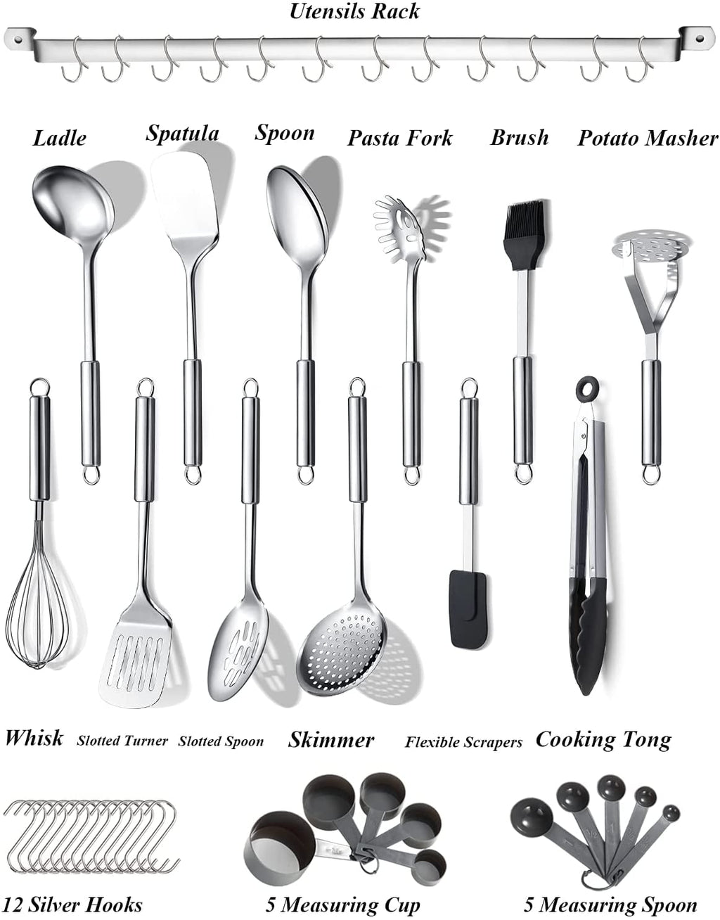 Kitchen Utensils Set 37 Pieces, Stainless Steel Cooking Utensils Set, Kitchen Gadgets Cookwarewith Hooks For Hanging Kitchen Tool Set