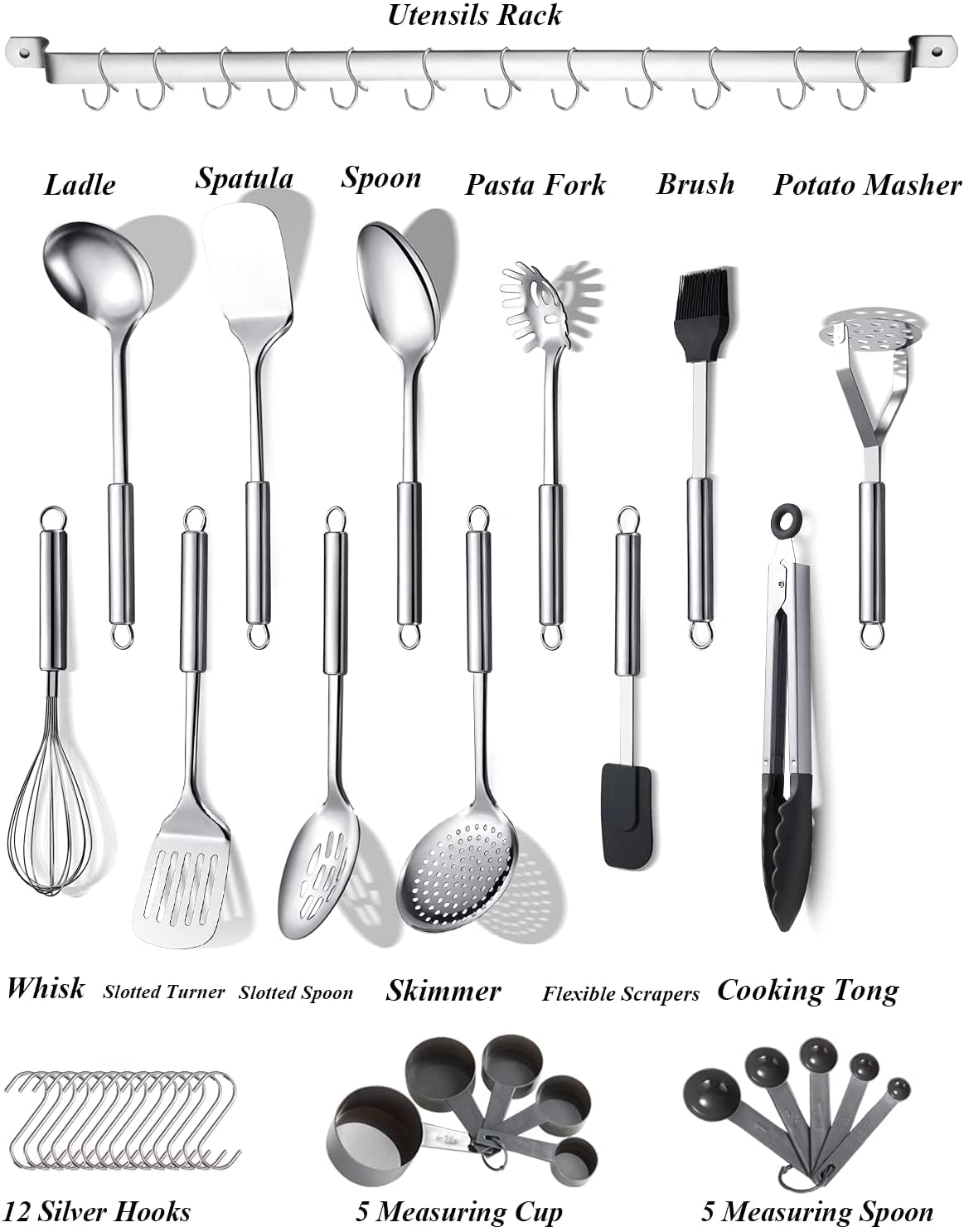 Kitchen Utensils Set 37 Pieces, Stainless Steel Cooking Utensils Set, Kitchen Gadgets Cookwarewith Hooks For Hanging Kitchen Tool Set