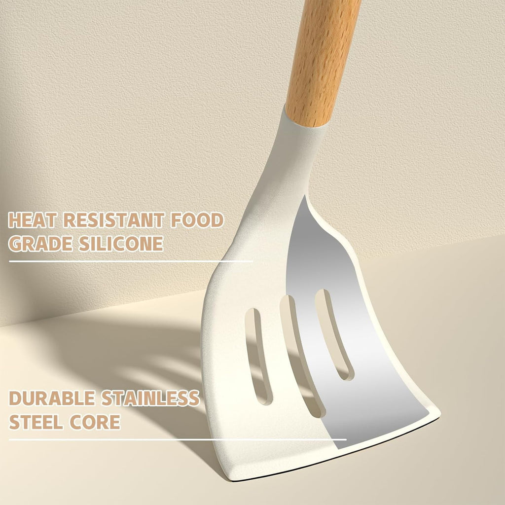 Kitchen Cooking Utensils Set, 33 pcs Non-stick Silicone Cooking Kitchen Utensils Spatula Set with Holder, Wooden Handle Silicone Kitchen Gadgets Utensil Set (Cream White)