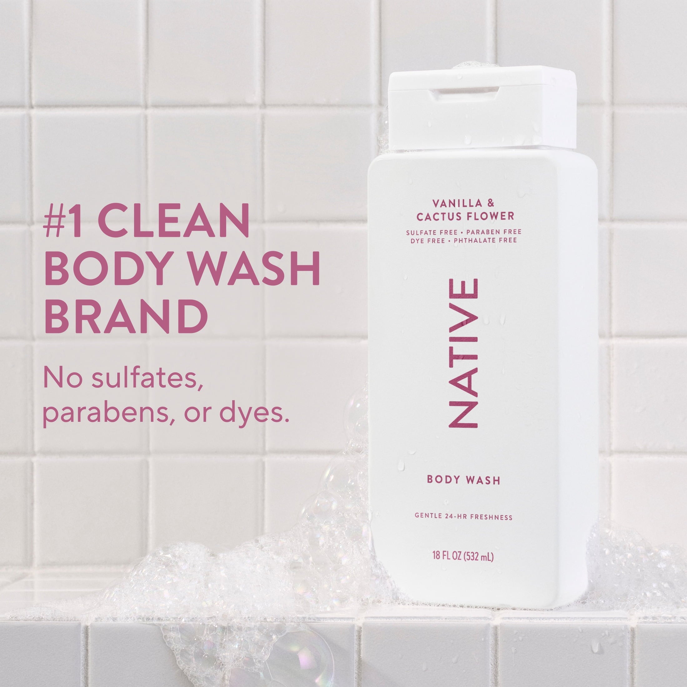 Body Wash, Vanilla &amp; Cactus Flower, Sulfate Free, Naturally Derived Ingredients, 24hr Freshness, for Women &amp; Men, 18 fl oz