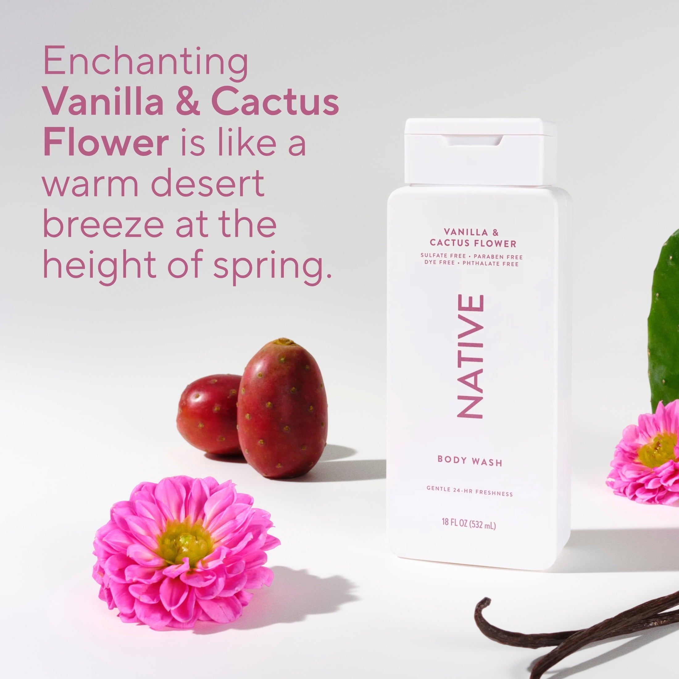Body Wash, Vanilla &amp; Cactus Flower, Sulfate Free, Naturally Derived Ingredients, 24hr Freshness, for Women &amp; Men, 18 fl oz