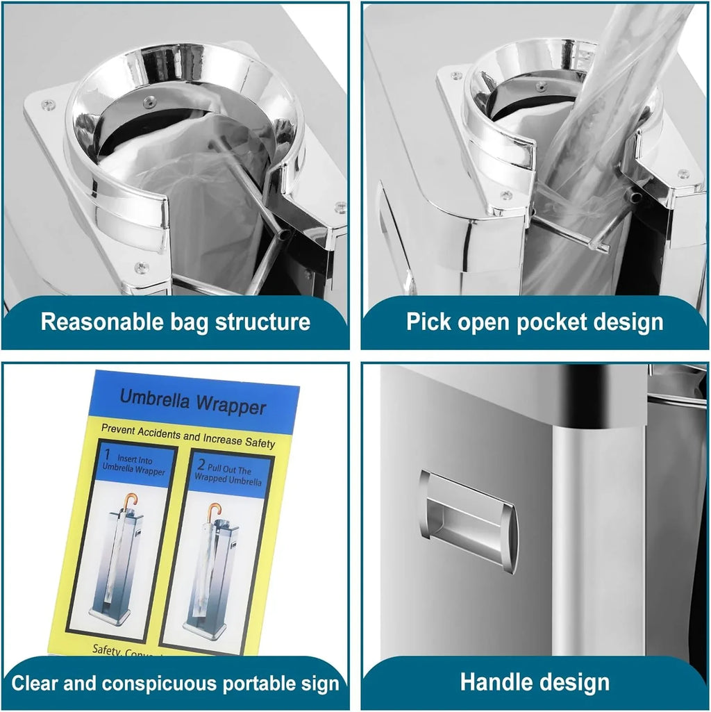Automatic wet umbrella packaging machine, stainless steel single-slot umbrella bag distributor bracket, equipped with 1000 long umbrella bags and warning signs, suitable for commercial shopping centers, hotels, in silver color.