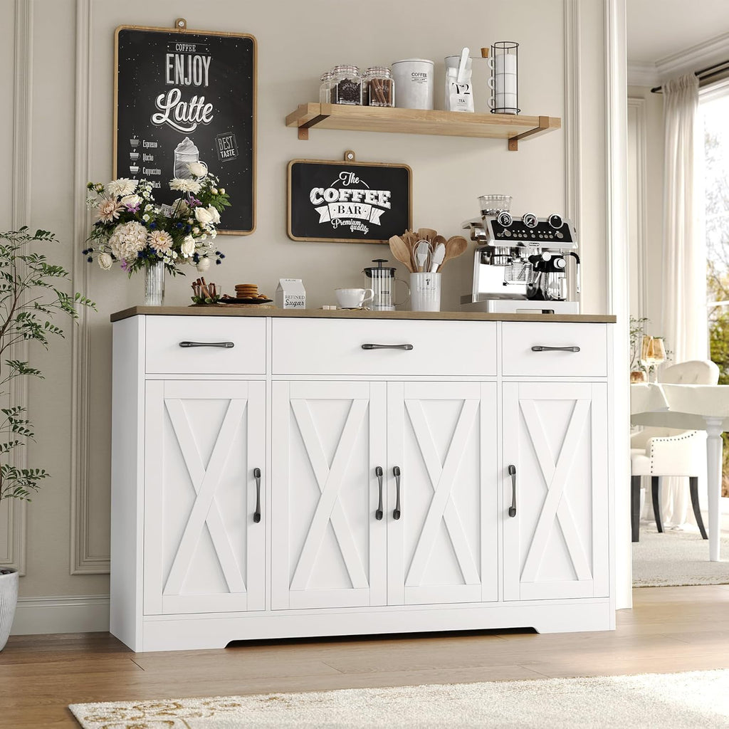 Drawer-equipped buffet-style cabinet, 55-inch large side cabinet-style storage unit with shelves and 4 doors, modern country-style coffee bar-style cabinet, wooden kitchen and dining room storage unit, white/rustic style