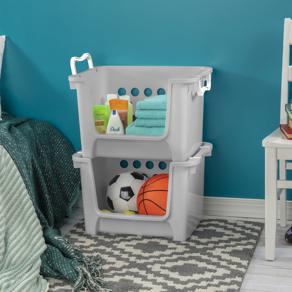Kids Grey Open Front Stacking Toy Storage Bin with Handles, Grey