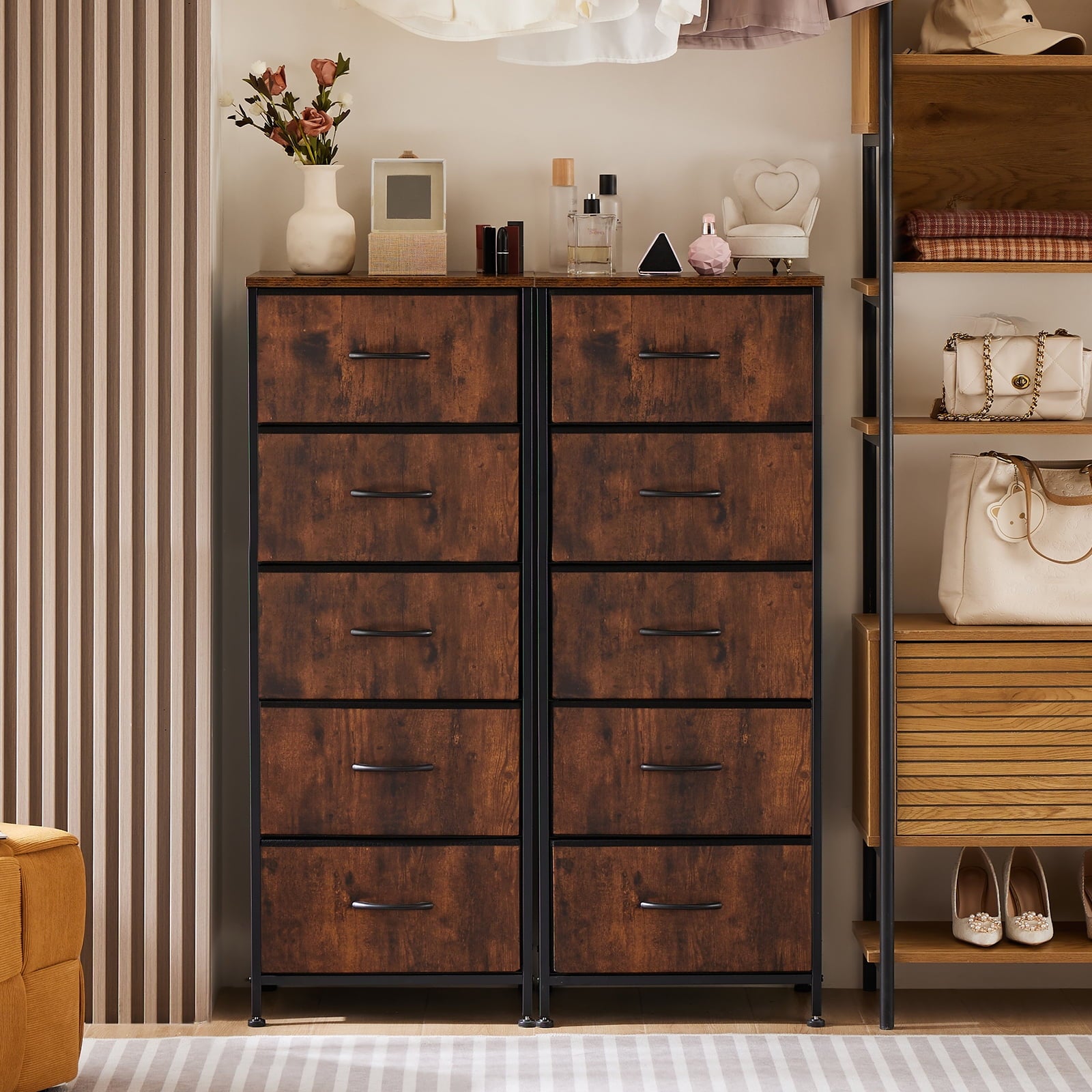 5 Fabric Dresser with 5 Storage Drawers, TV Stand with Wooden Top Metal Frame for Clothes, Living Room, Hallway, Entryway, Rust