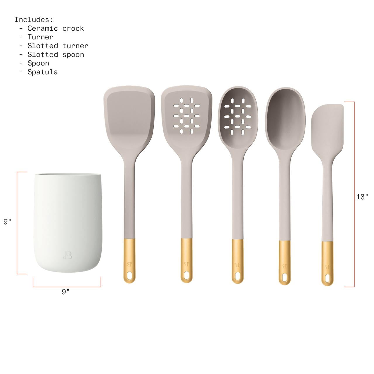 6-Piece Silicone Tool Set with Ceramic Crock, Porcini Taupe by Drew Barrymore