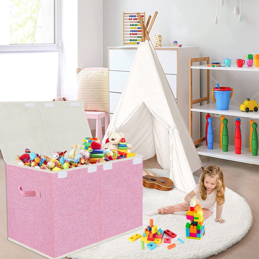 Large Toy Box for Girls,Toy Chest for Kids -Collapsible Toy Storage Organizer with Lid Toy Bin Storage Organizer for Nursery, Playroom, Bedroom , Closet, Living Room, Kindergarten (Pink)