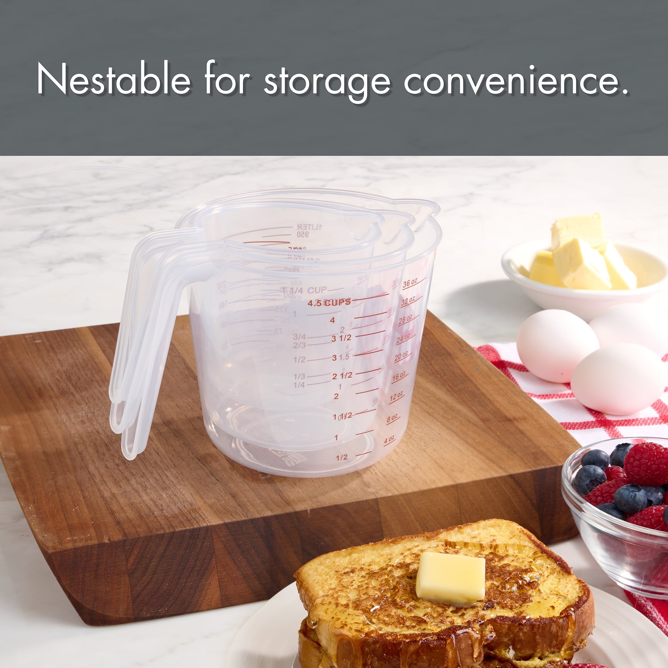 3-Piece Tapered Spout Nesting Plastic Measuring Cups Set, Clear