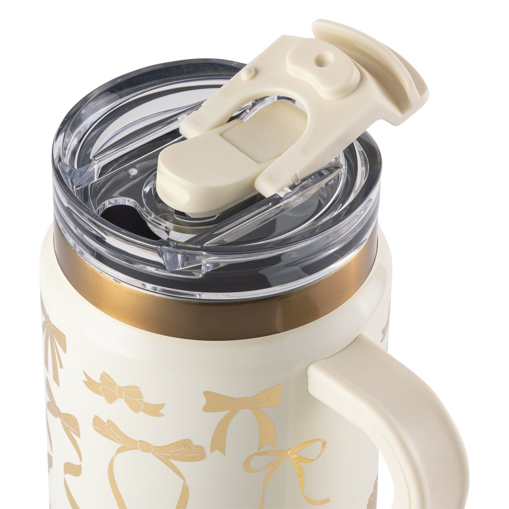 Thyme &amp; Table 32 fl oz Stainless Steel Luna Tumbler with Handle and Dual Straw Lid, Cream &amp; Black Check