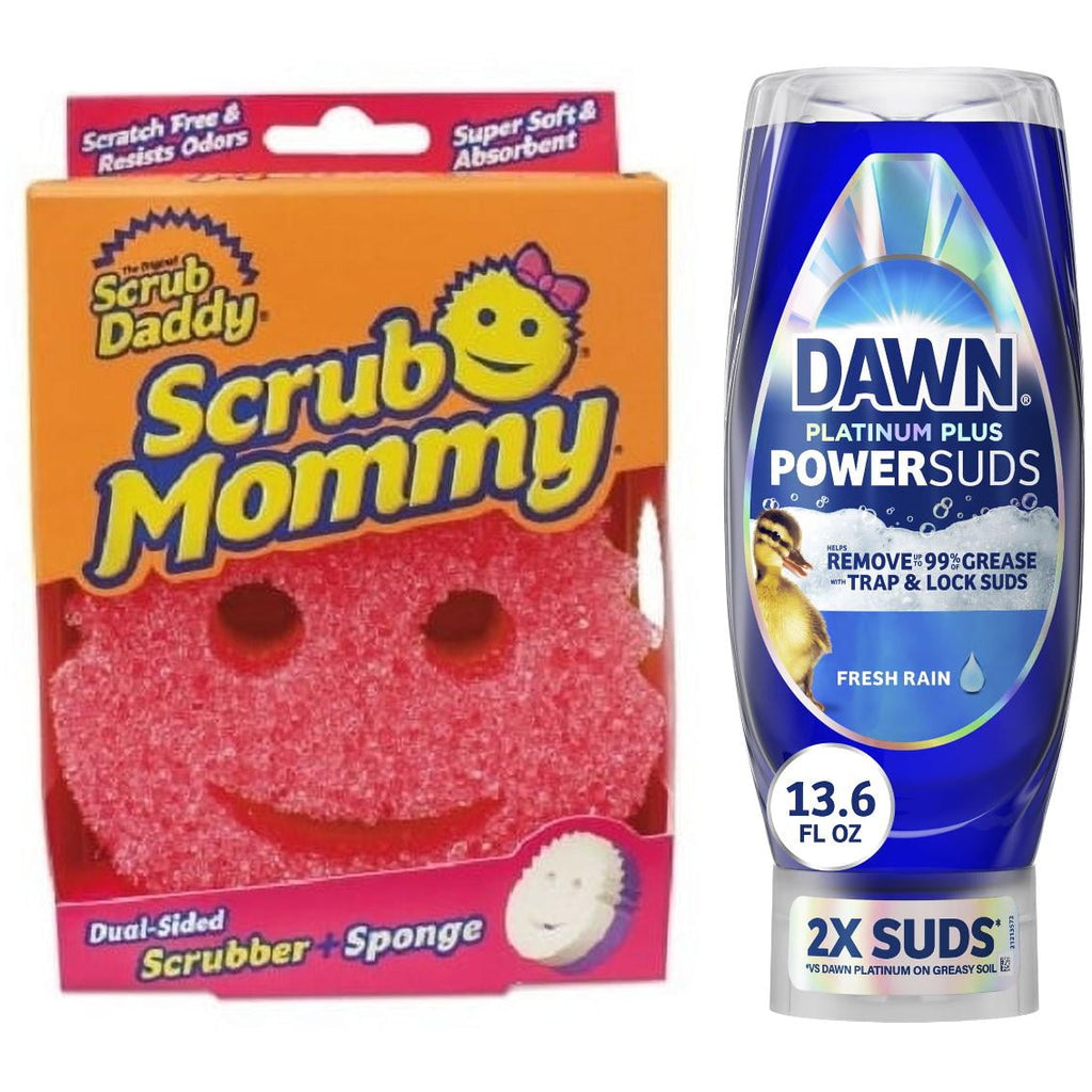Scrub Mommy - Non-Scratch Dish Scrubber Cleaning Sponge Dual-Sided Dish Sponge + Dawn Platinum Plus PowerSuds Liquid Dish Soap, 13.6 oz. EZ-Squeeze Bottle
