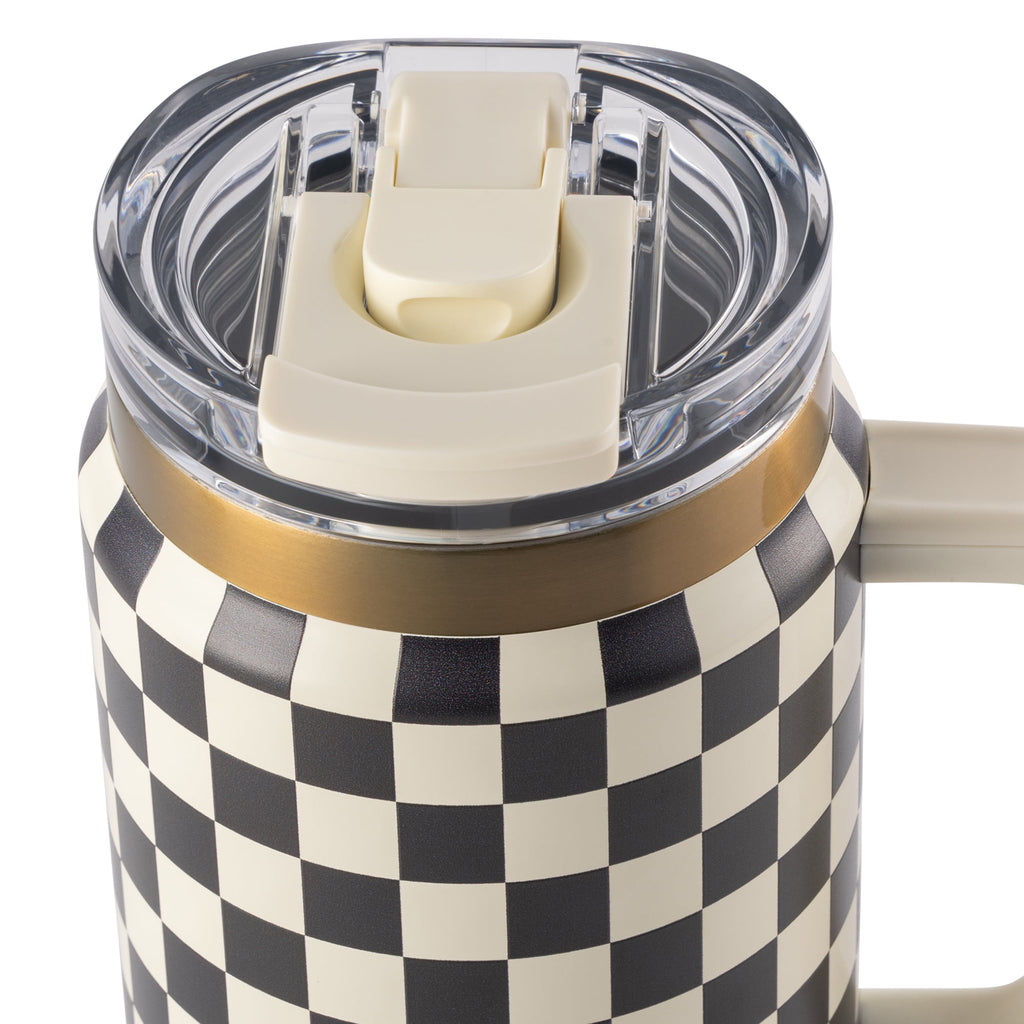 Thyme &amp; Table 32 fl oz Stainless Steel Luna Tumbler with Handle and Dual Straw Lid, Cream &amp; Black Check