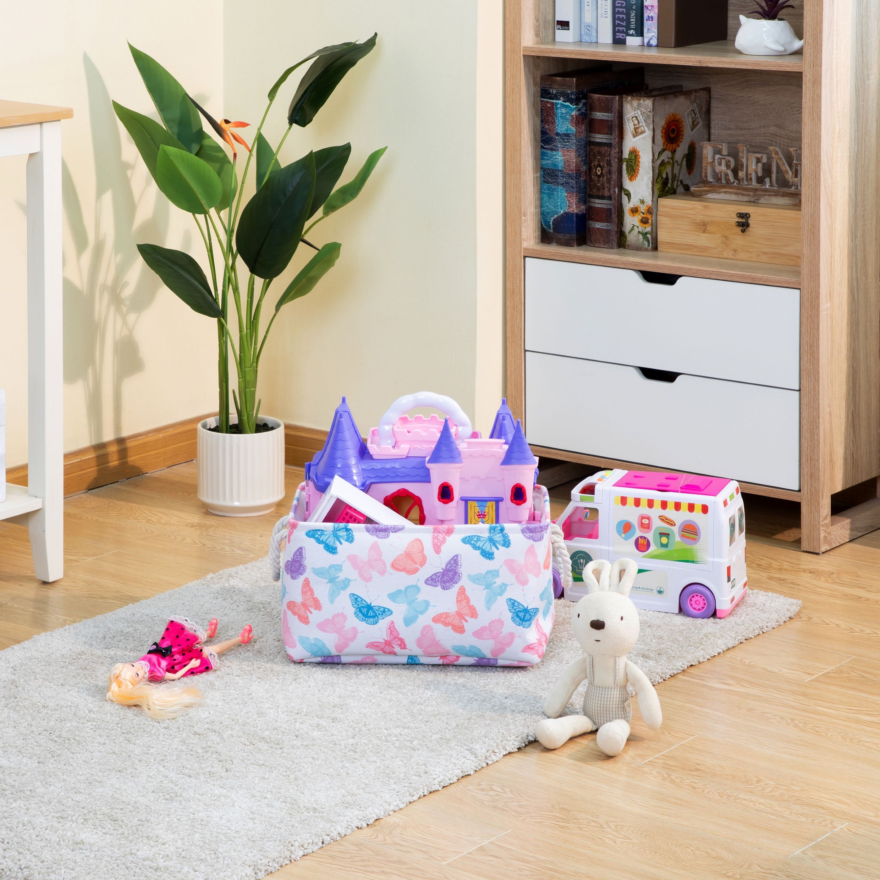 Kids Butterfly Canvas Storage Basket with Handles, 15 in x 11 in x 7.8 in