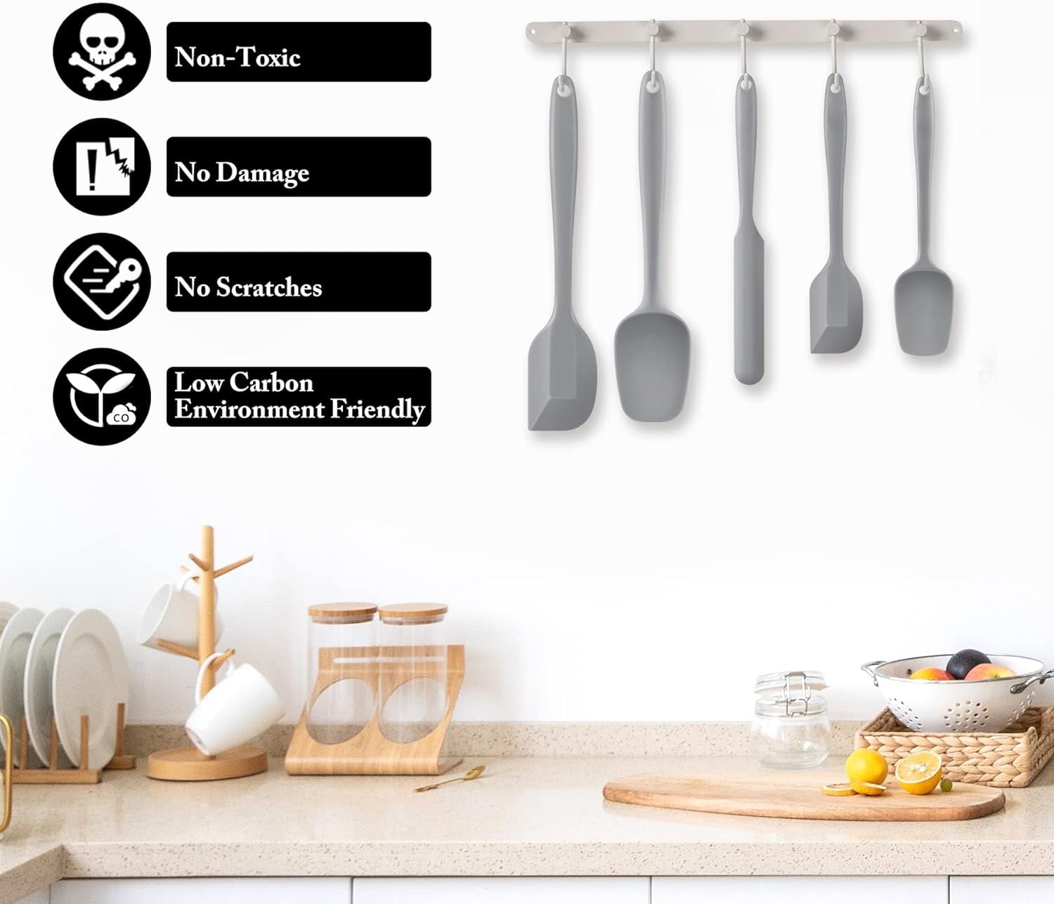 Food Grade Silicone Rubber Spatula Set, 5 Pcs Kitchen Cooking Baking Mixing Utensil Sets, High Non Stick Dishwasher- Khaki