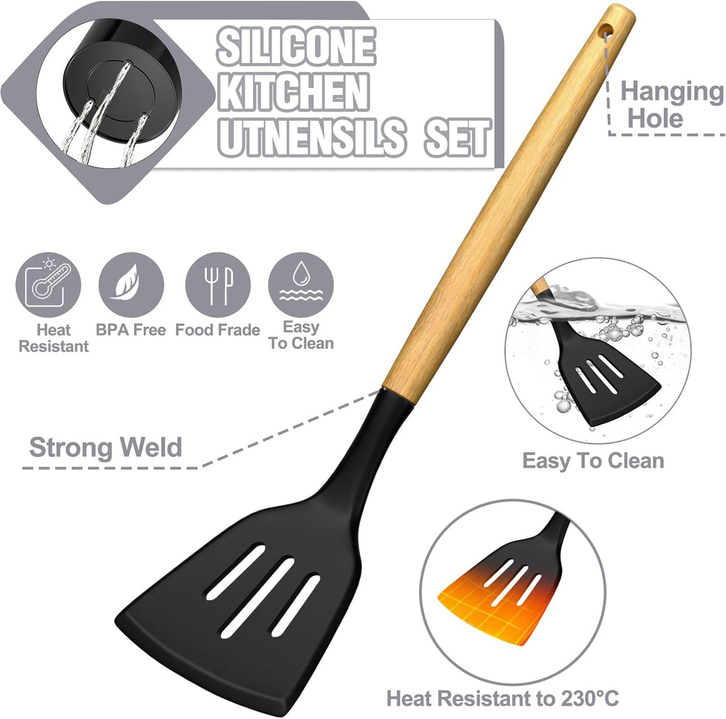 Kitchen Utensil Set, 34Pieces Silicone Cooking Utensil Set with Wooden Handle, Spatula Set Gadgets Tools Cookware, Black