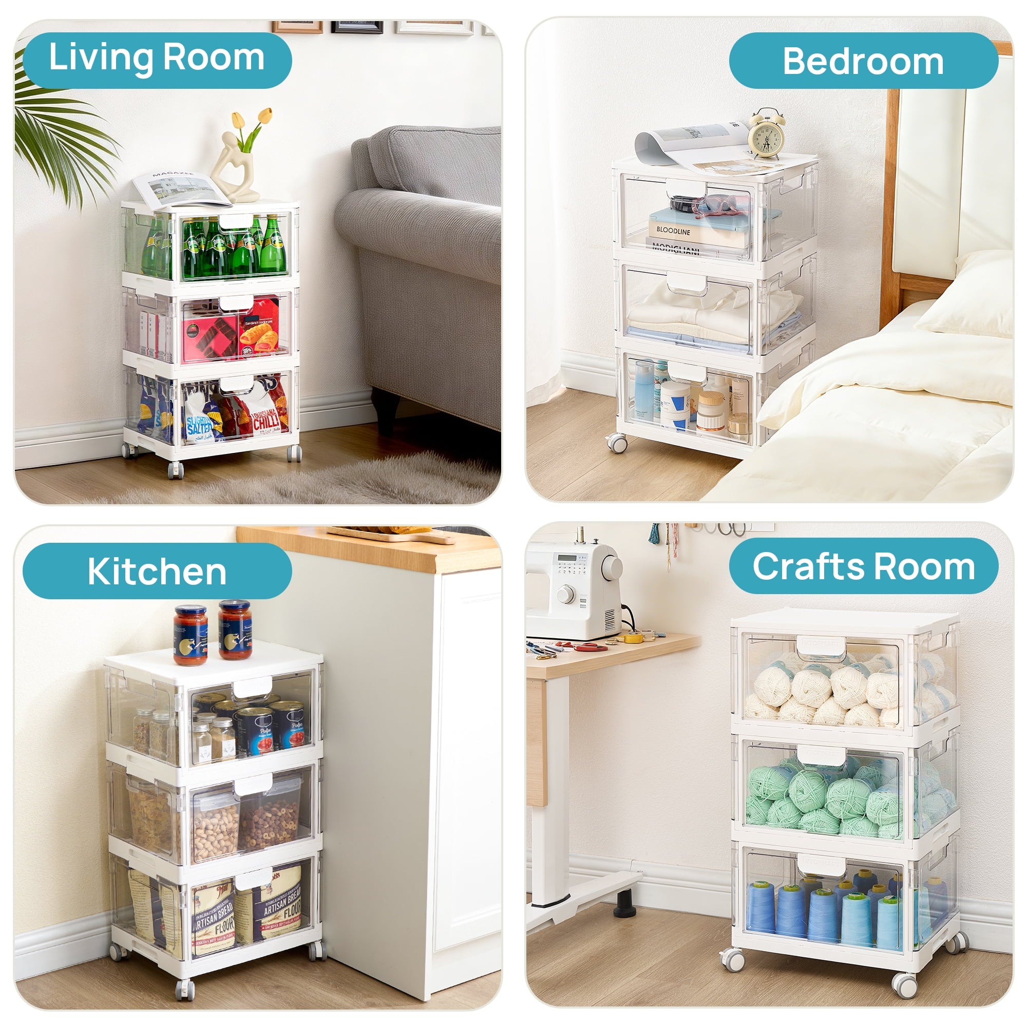 3-Layer Storage Bins, 72Qt Large Storage Containers with Lids, Storage Bins with wheels for Home Office Bedroom, Bathroom, White