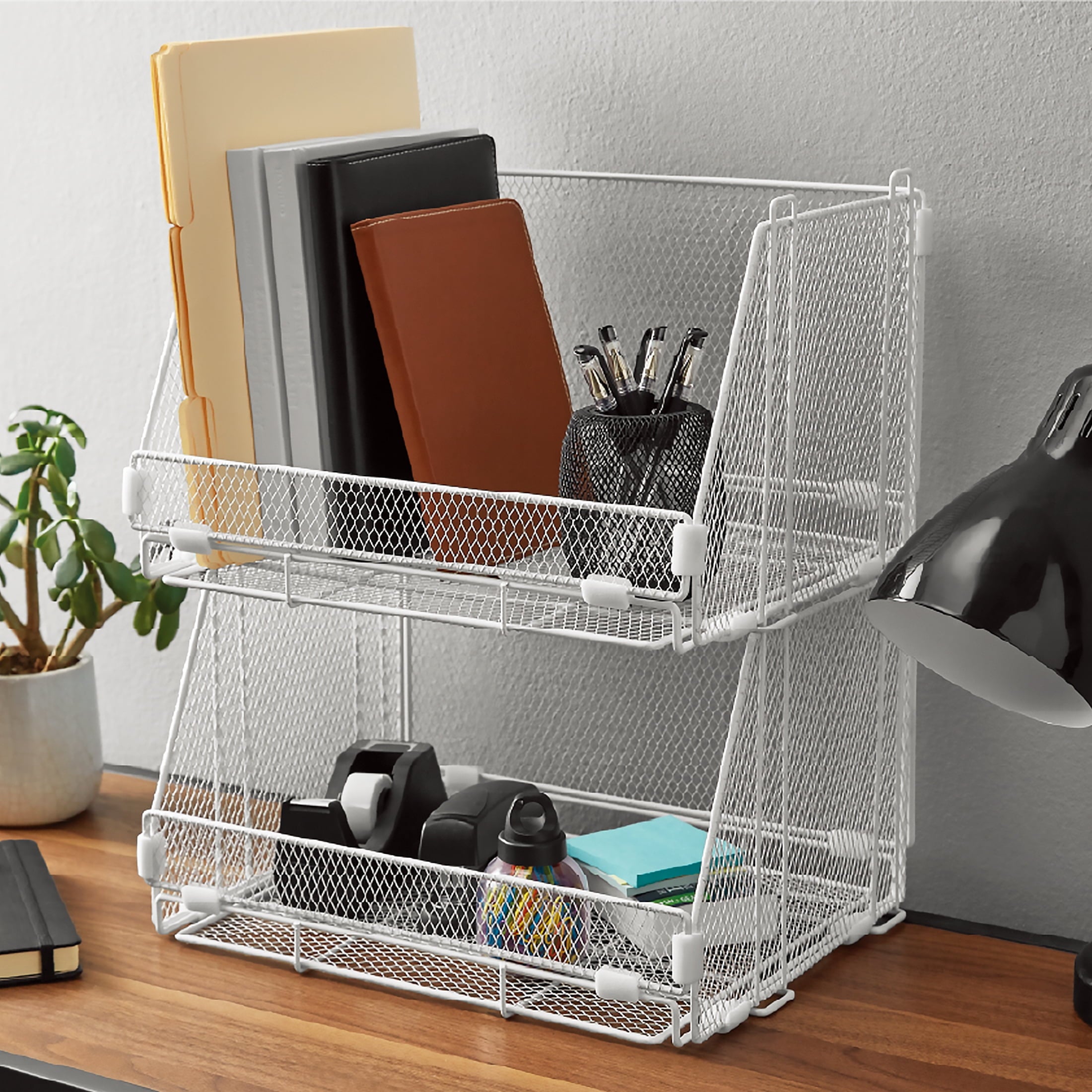 Folding Storage Baskets, Collapsible Plastic Organizer Bins with Clip Handles, 2 Pack, White