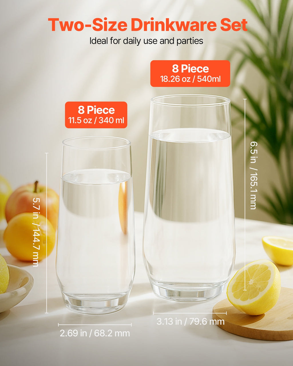 VEVOR Drinking Glasses Set, 16-Piece Crystal Glass Cups, Elegant Mixed Glassware Set, with 8 Pcs 18.26 Oz Highball and 8 Pcs 11.5 Oz Cocktail Drinkware for Kitchen, Beer,Smoothie,Juice,Soda,Wine