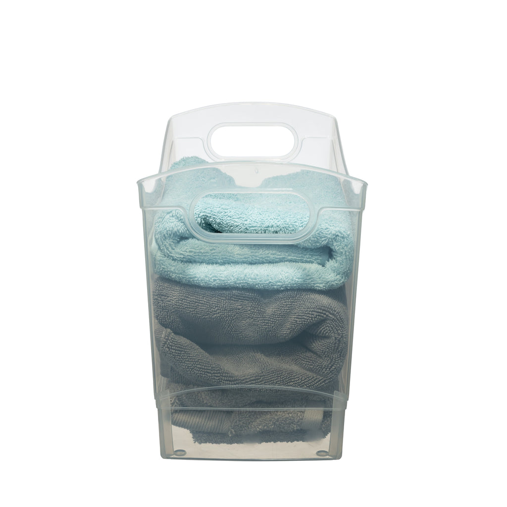 12 Qt Clear Plastic Storage Bin Organizer with Carrying Handles, Narrow Rectangular Utility Container for Pantry, Closet, Cabinet and Shelf Storage